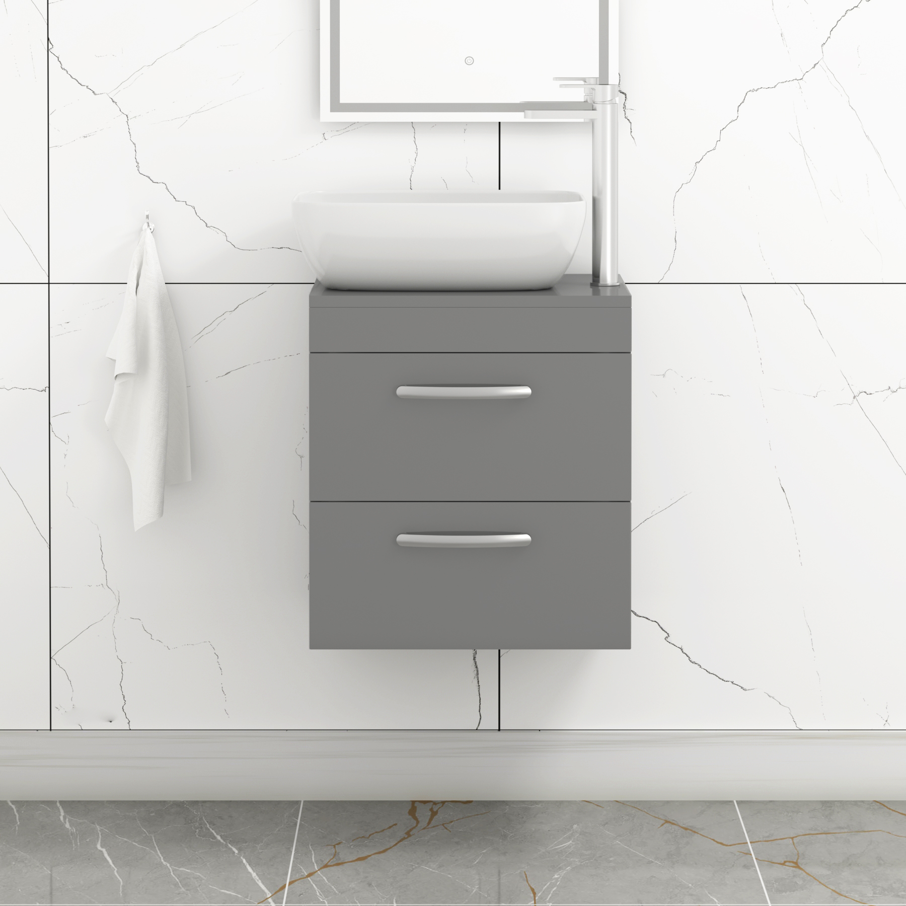 Turin 500mm Wall Hung Vanity Unit 2 Drawers Indigo Grey Gloss & Various Countertop Basins