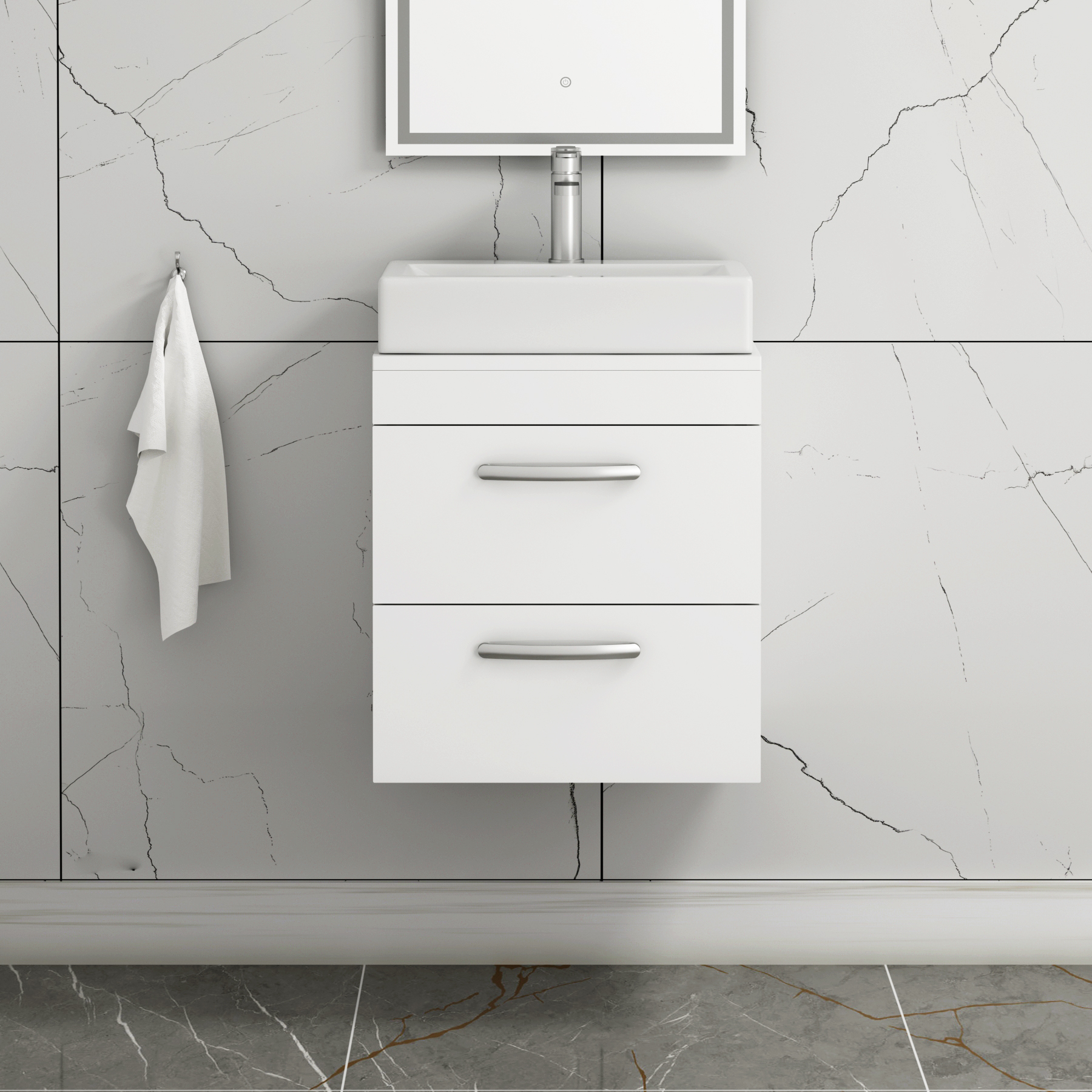 500mm Wall Hung Vanity Unit 2 Drawer Gloss White & Elva Countertop Basin 