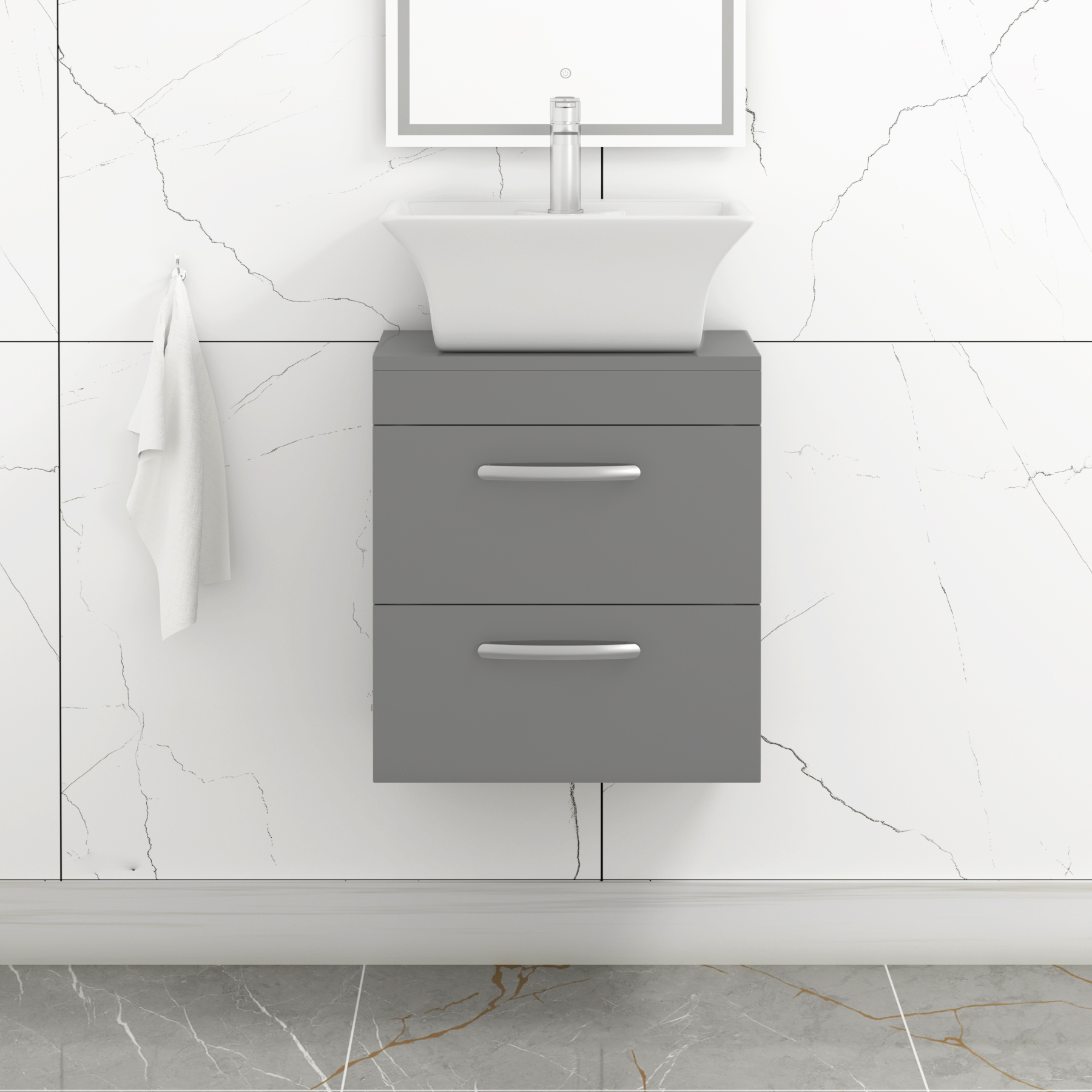 Turin 500mm Wall Hung Vanity Unit 2 Drawers Indigo Grey Gloss & Various Countertop Basins
