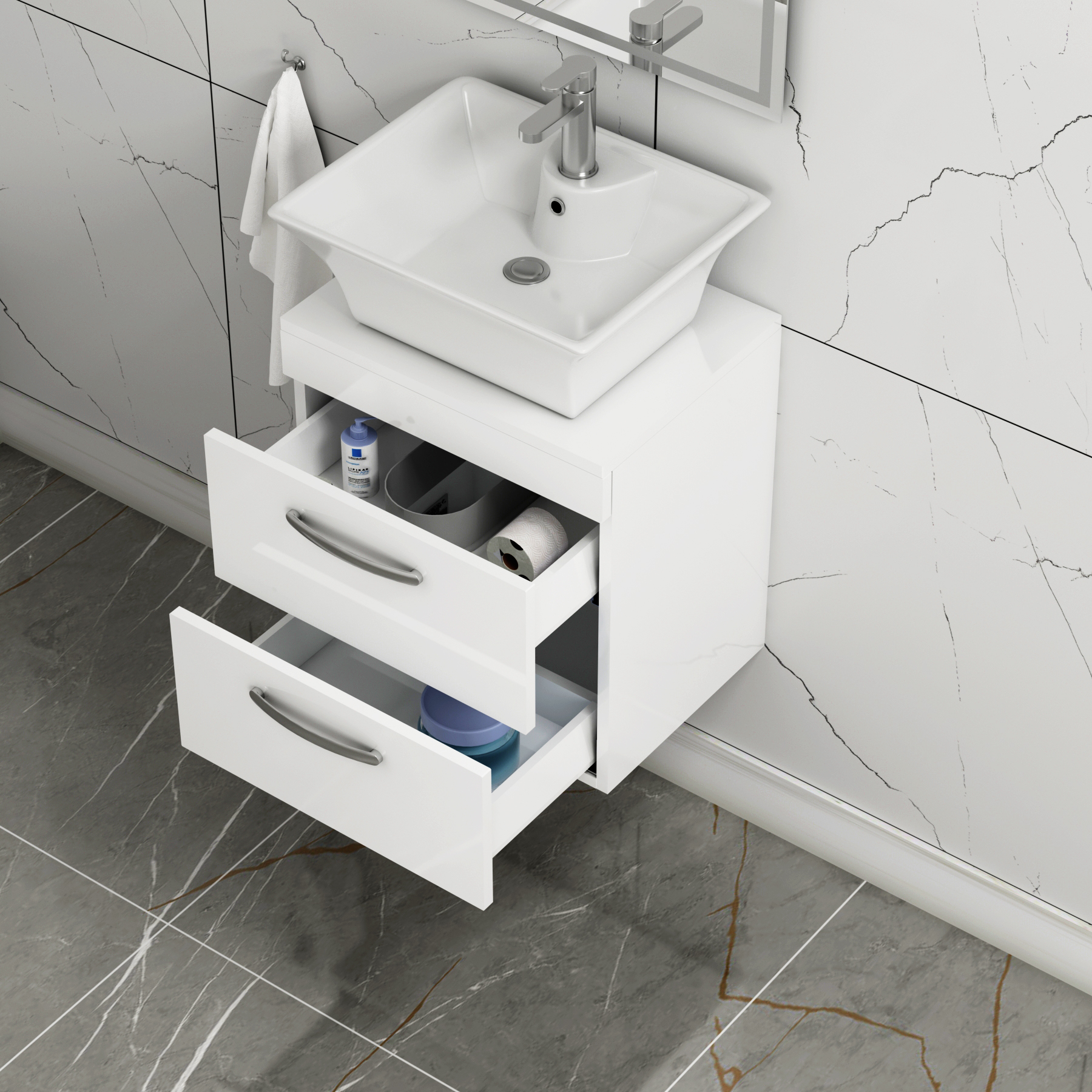 Turin 500mm Wall Hung Vanity Unit 2 Drawers Gloss White & Various Countertop Basins
