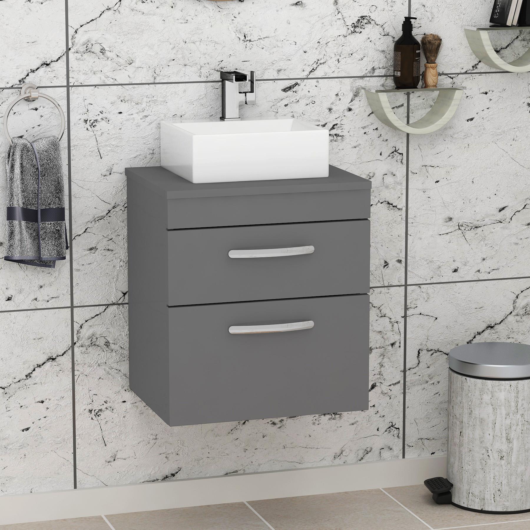 Turin 500mm Wall Hung Vanity Unit 2 Drawers Indigo Grey Gloss & Various Countertop Basins