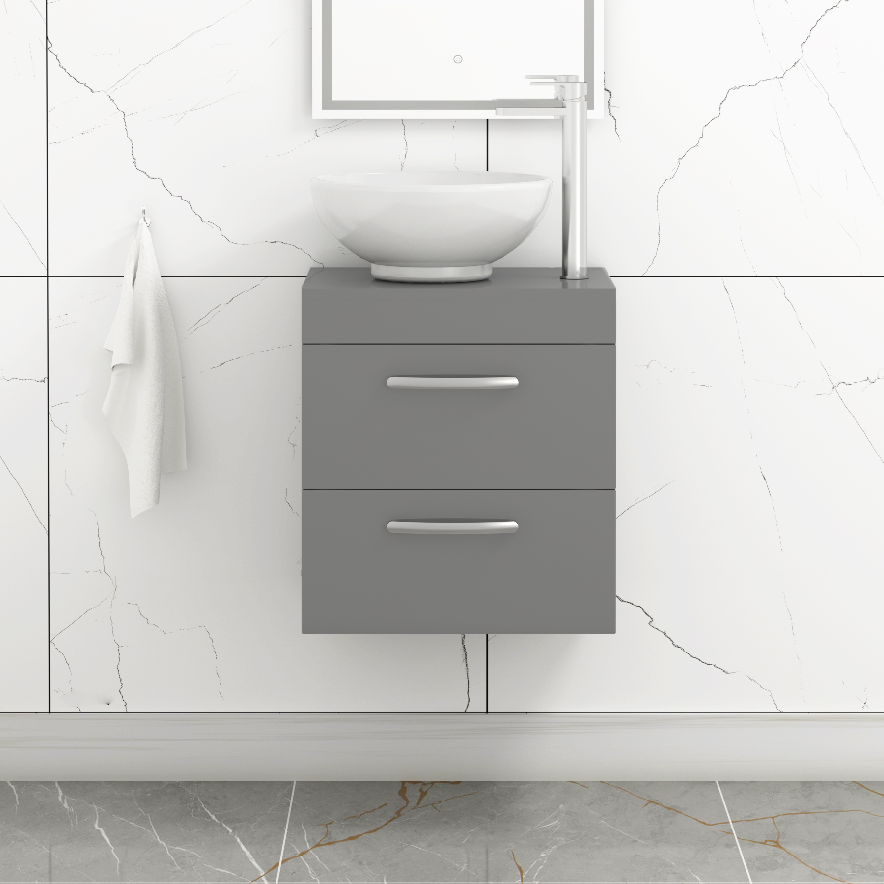 Turin 500mm Wall Hung Vanity Unit 2 Drawers Indigo Grey Gloss & Various Countertop Basins