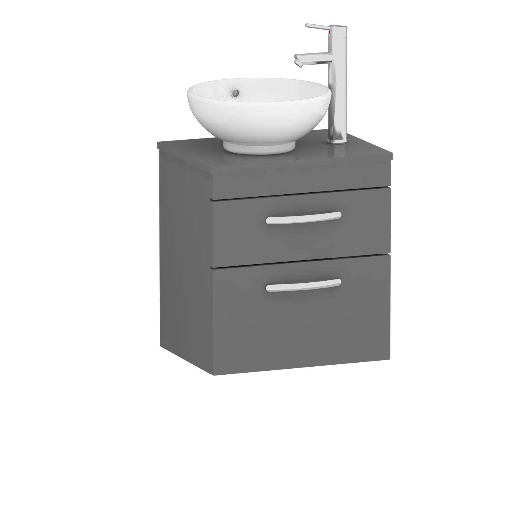 500mm Wall Hung Vanity Unit 2 Drawer Indigo Grey Gloss & Breeze Countertop Basin 