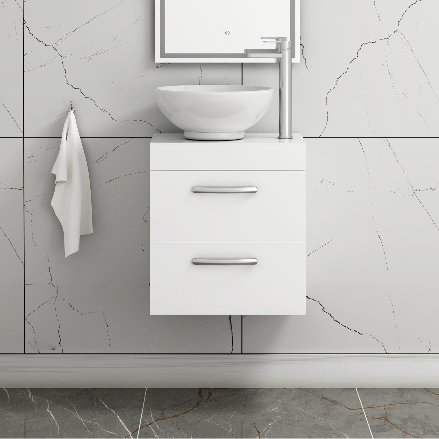 500mm Wall Hung Vanity Unit 2 Drawer Gloss White & Breeze Countertop Basin 