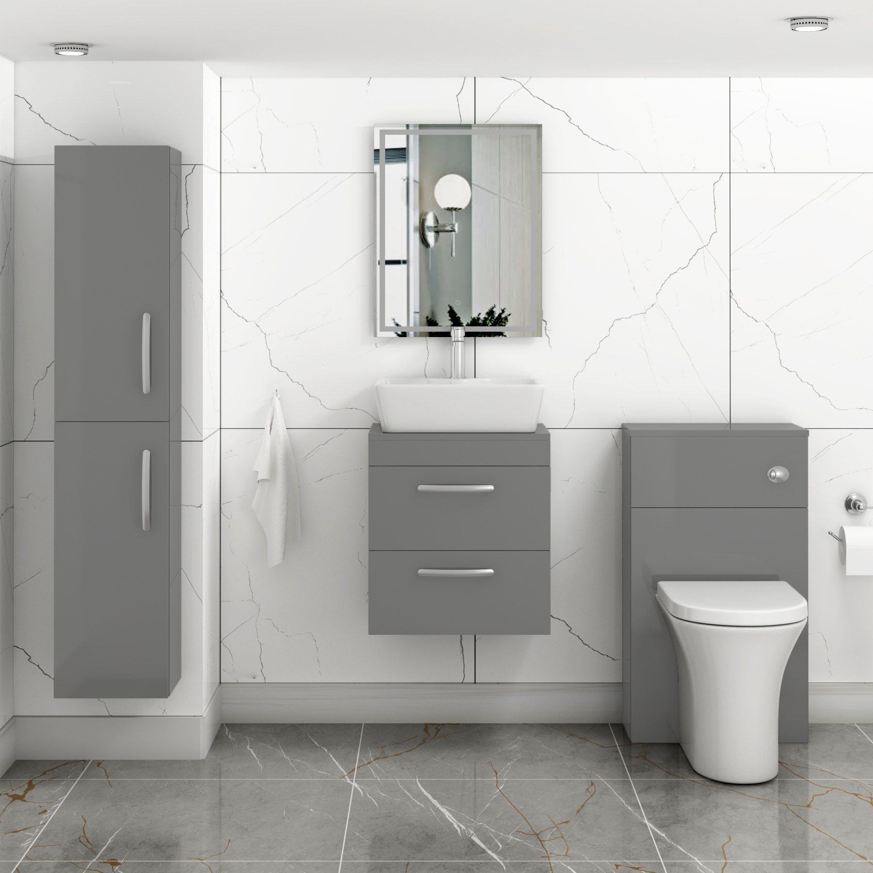 500mm Wall Hung Vanity Unit 2 Drawer Indigo Grey Gloss & Cube Countertop Basin 