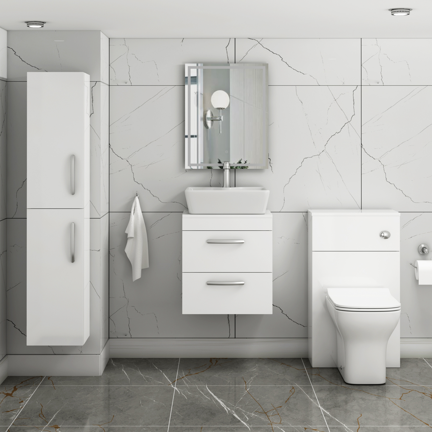 500mm Wall Hung Vanity Unit 2 Drawer Gloss White & Cube Countertop Basin 