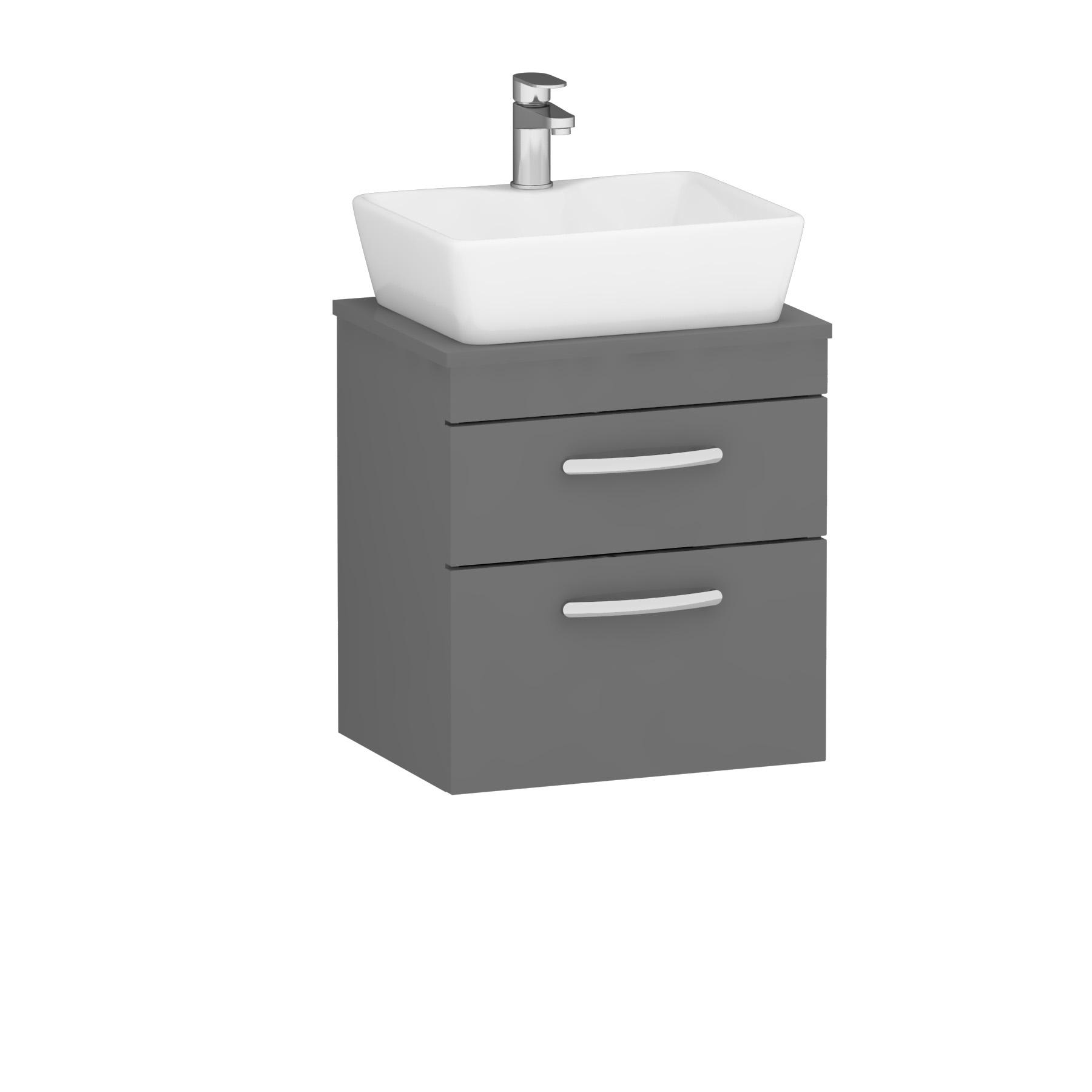 500mm Wall Hung Vanity Unit 2 Drawer Indigo Grey Gloss & Cube Countertop Basin 