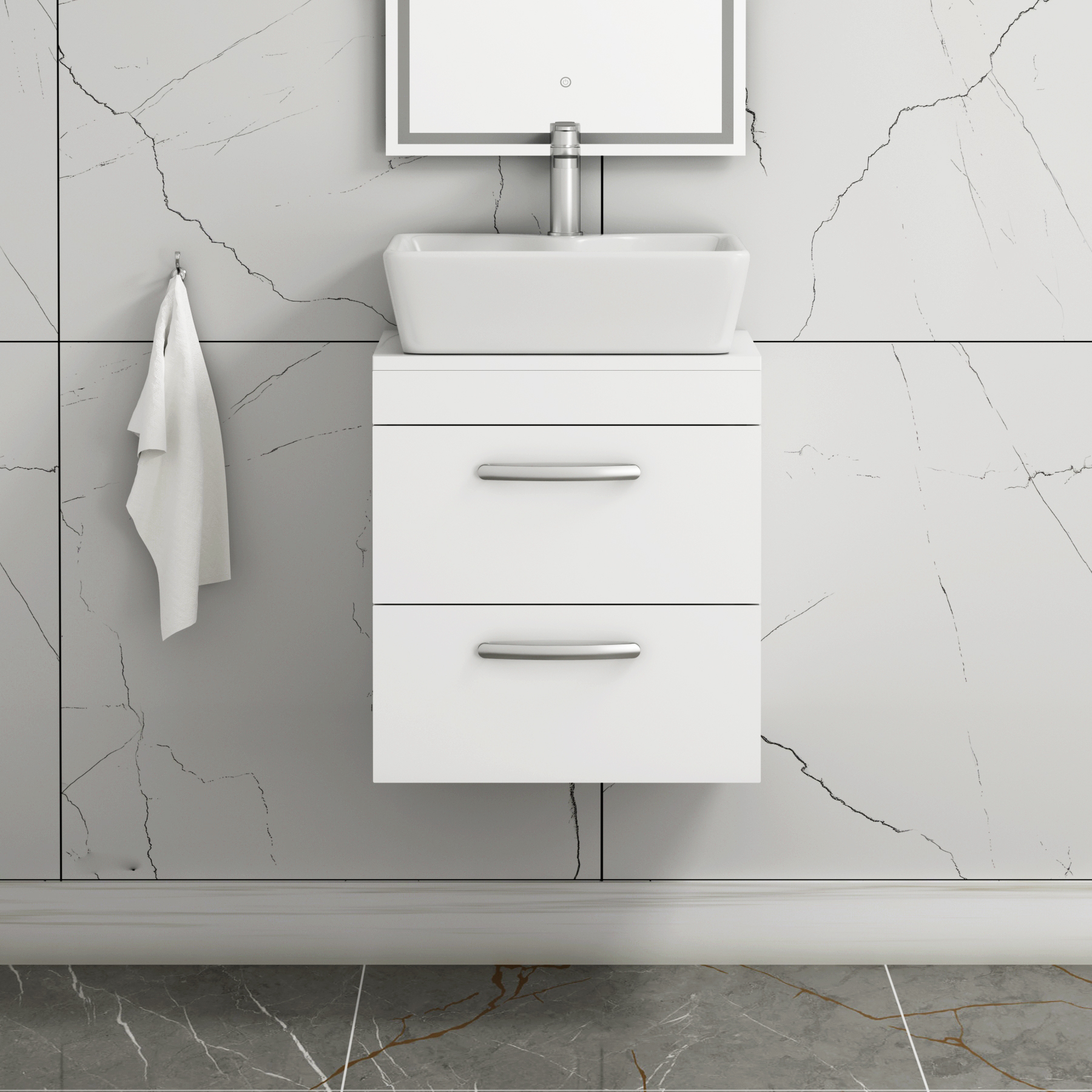 500mm Wall Hung Vanity Unit 2 Drawer Gloss White & Cube Countertop Basin 