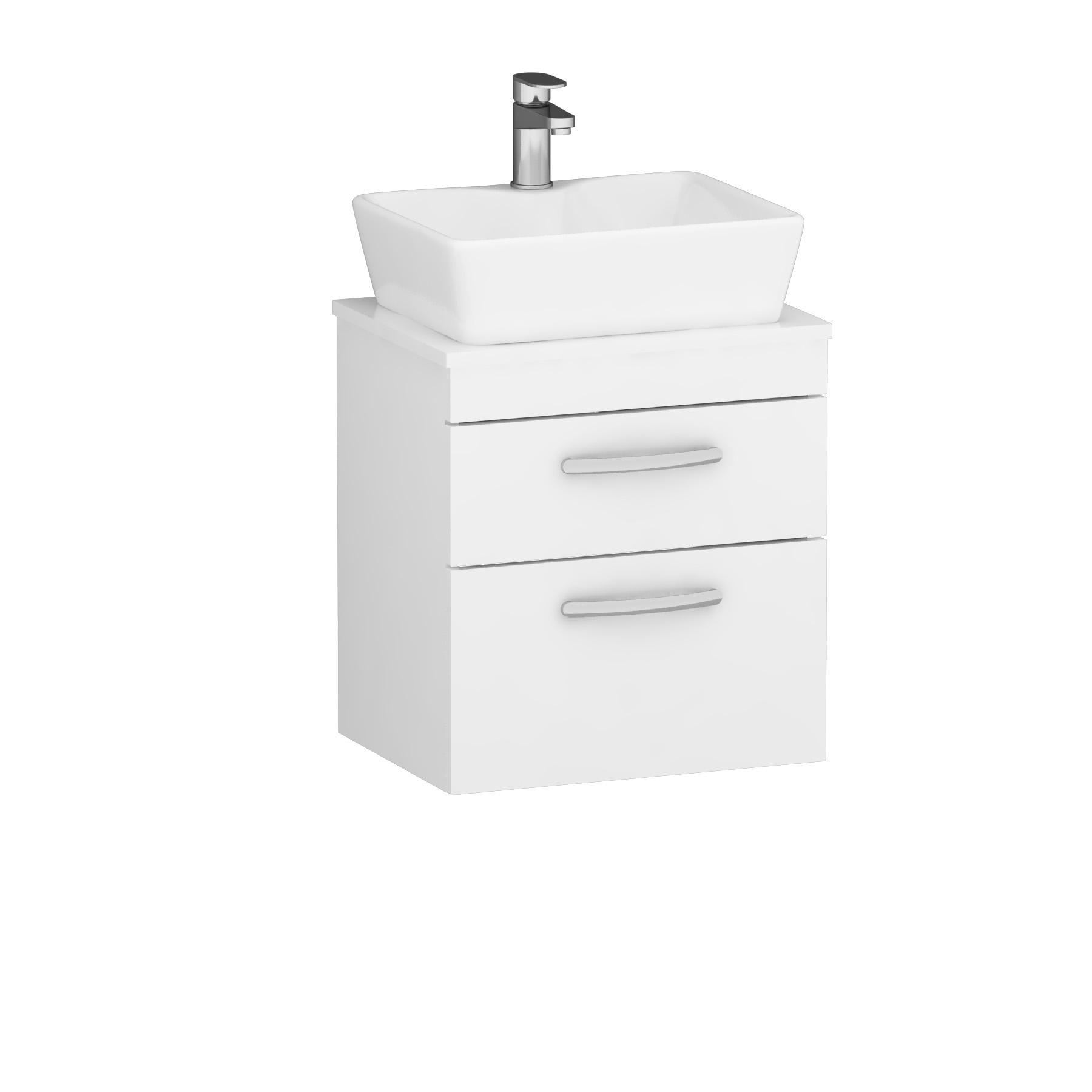 500mm Wall Hung Vanity Unit 2 Drawer Gloss White & Cube Countertop Basin 