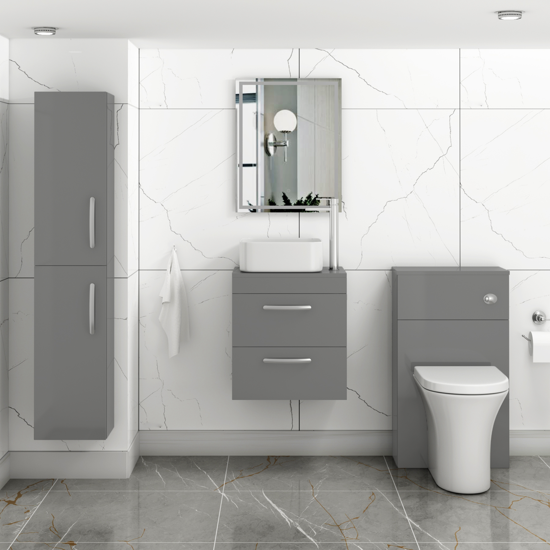 500mm Wall Hung Vanity Unit 2 Drawer Indigo Grey Gloss & Elena Countertop Basin 