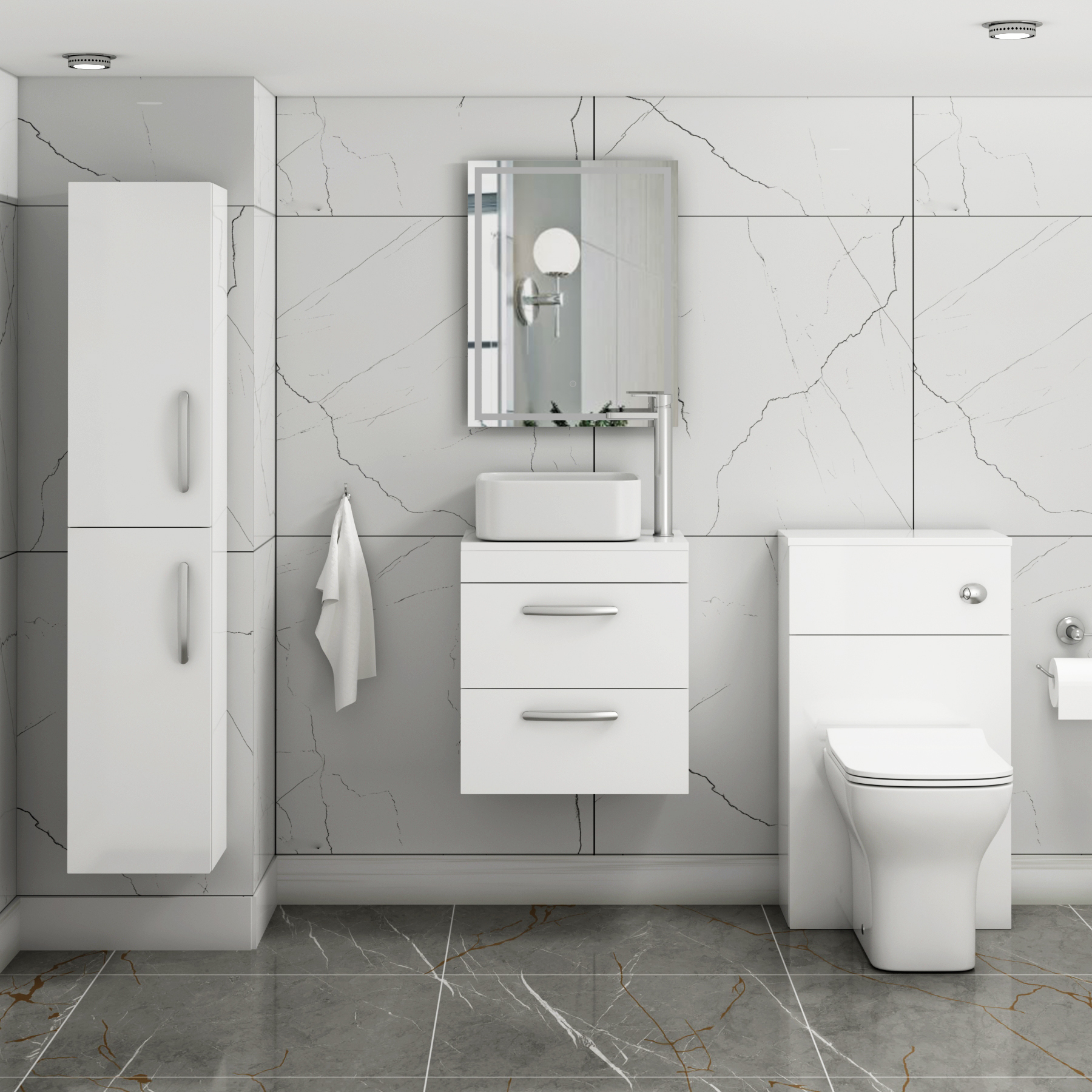 500mm Wall Hung Vanity Unit 2 Drawer Gloss White & Elena Countertop Basin 