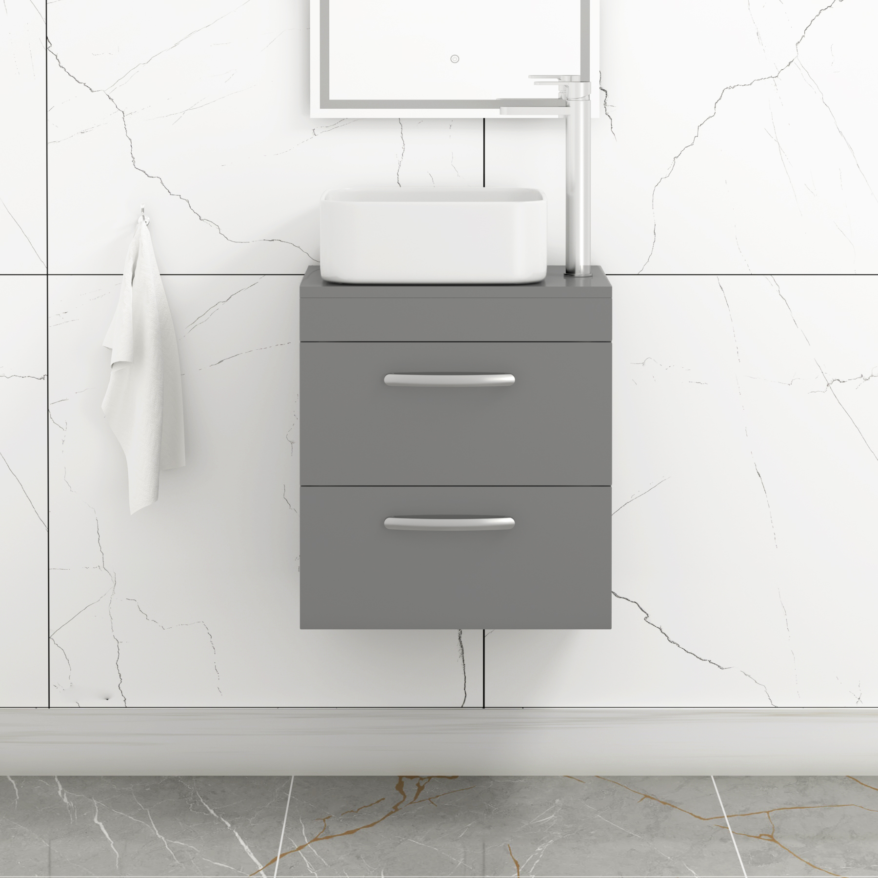 Turin 500mm Wall Hung Vanity Unit 2 Drawers Indigo Grey Gloss & Various Countertop Basins