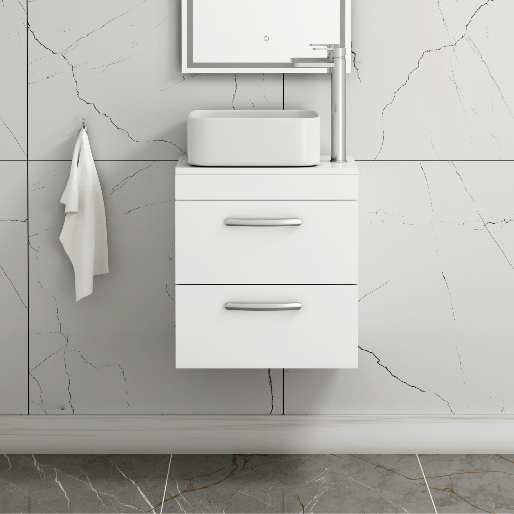 500mm Wall Hung Vanity Unit 2 Drawer Gloss White & Elena Countertop Basin 