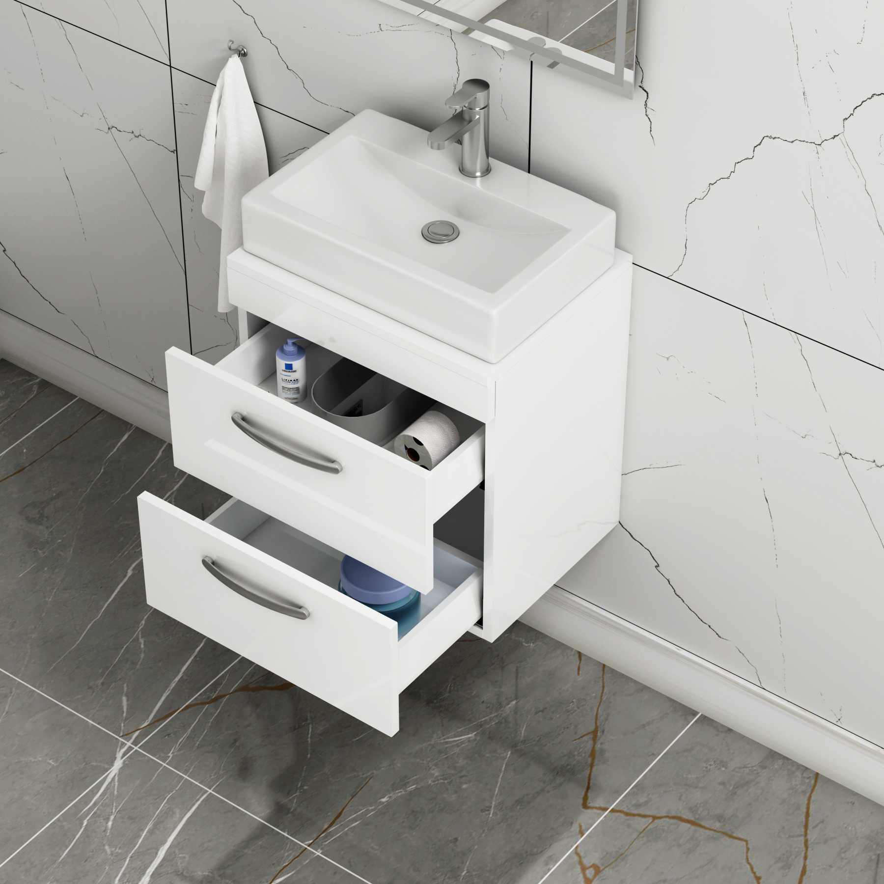 Turin 500mm Wall Hung Vanity Unit 2 Drawers Gloss White & Various Countertop Basins