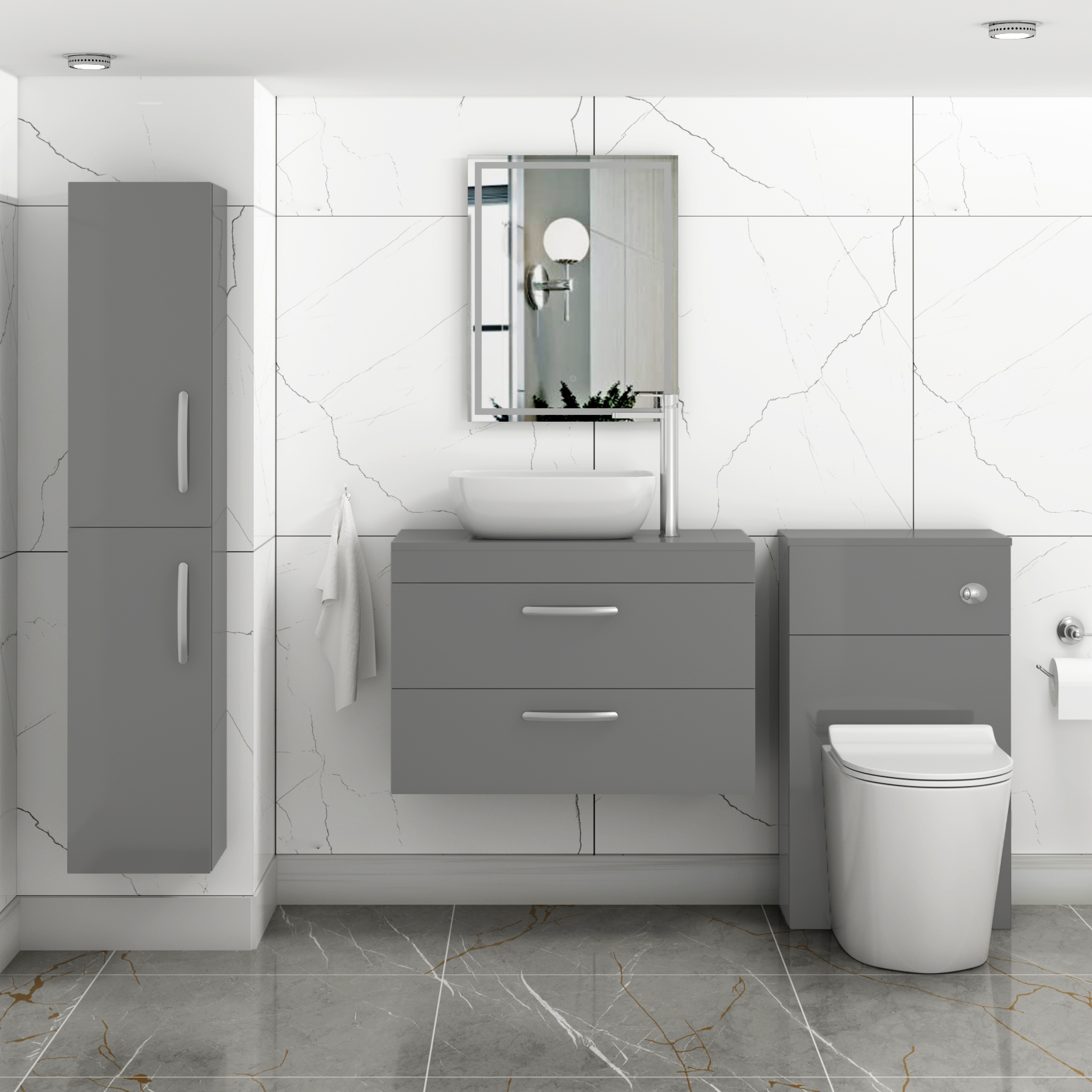 800mm Wall Hung Vanity Unit 2 Drawer Indigo Grey Gloss & Elva Countertop Basin 
