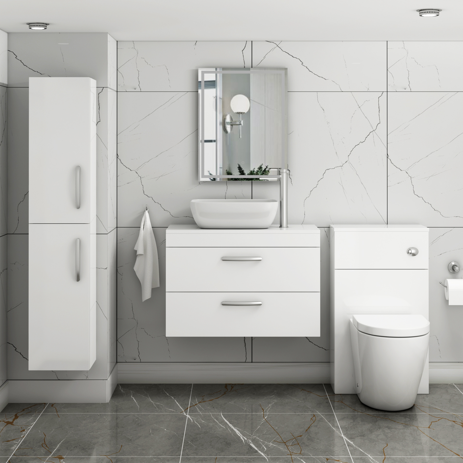 800mm Wall Hung Vanity Unit 2 Drawer Gloss White & Elva Countertop Basin 