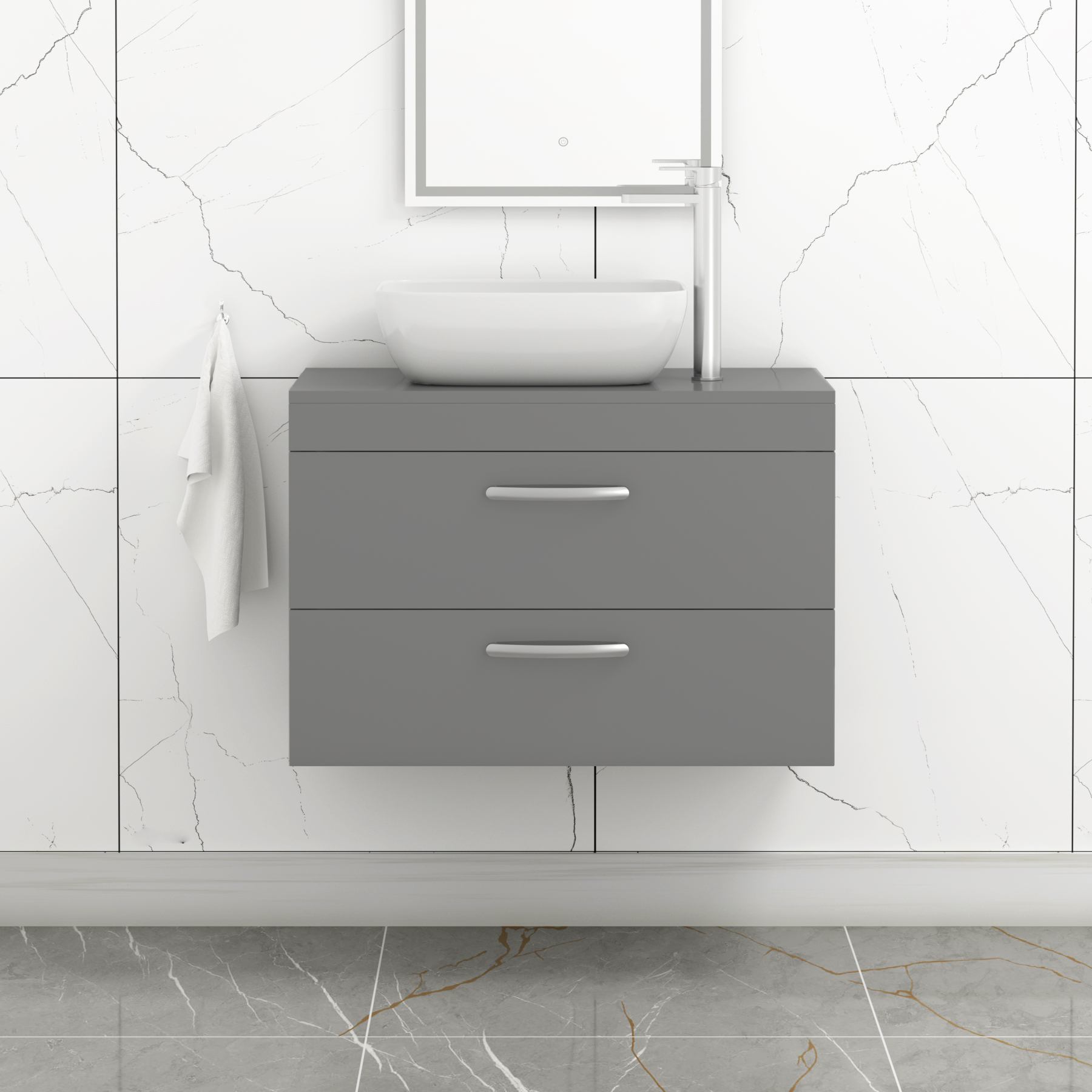 800mm Wall Hung Vanity Unit 2 Drawer Indigo Grey Gloss & Elva Countertop Basin 