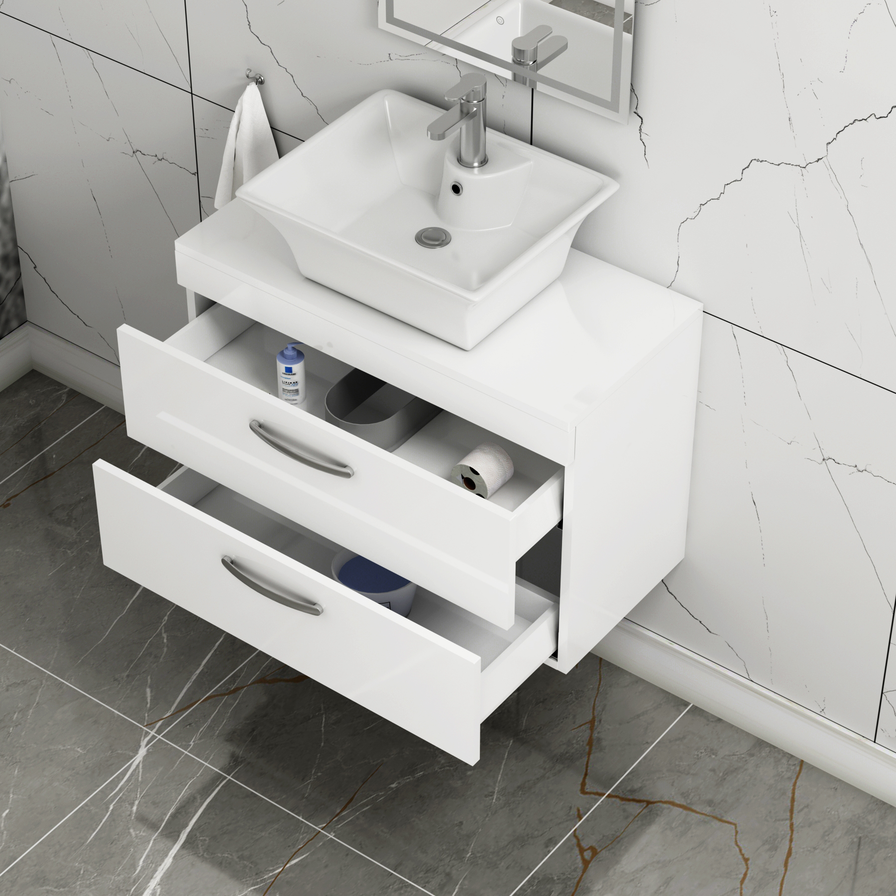 Turin 800mm Wall Hung Vanity Unit 2 Drawers Gloss White & Various Countertop Basins