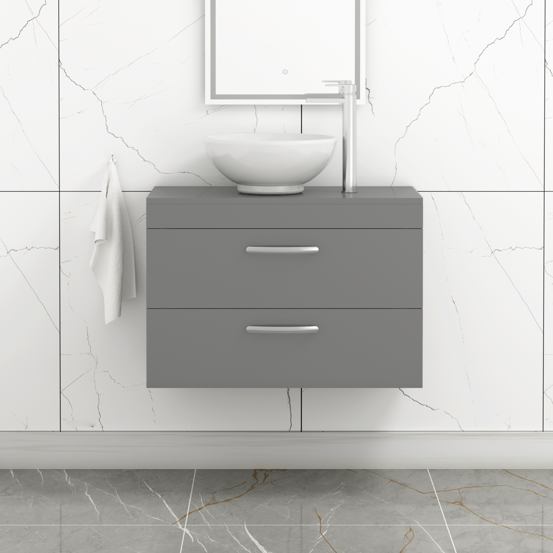 800mm Wall Hung Vanity Unit 2 Drawer Indigo Grey Gloss & Breeze Countertop Basin 