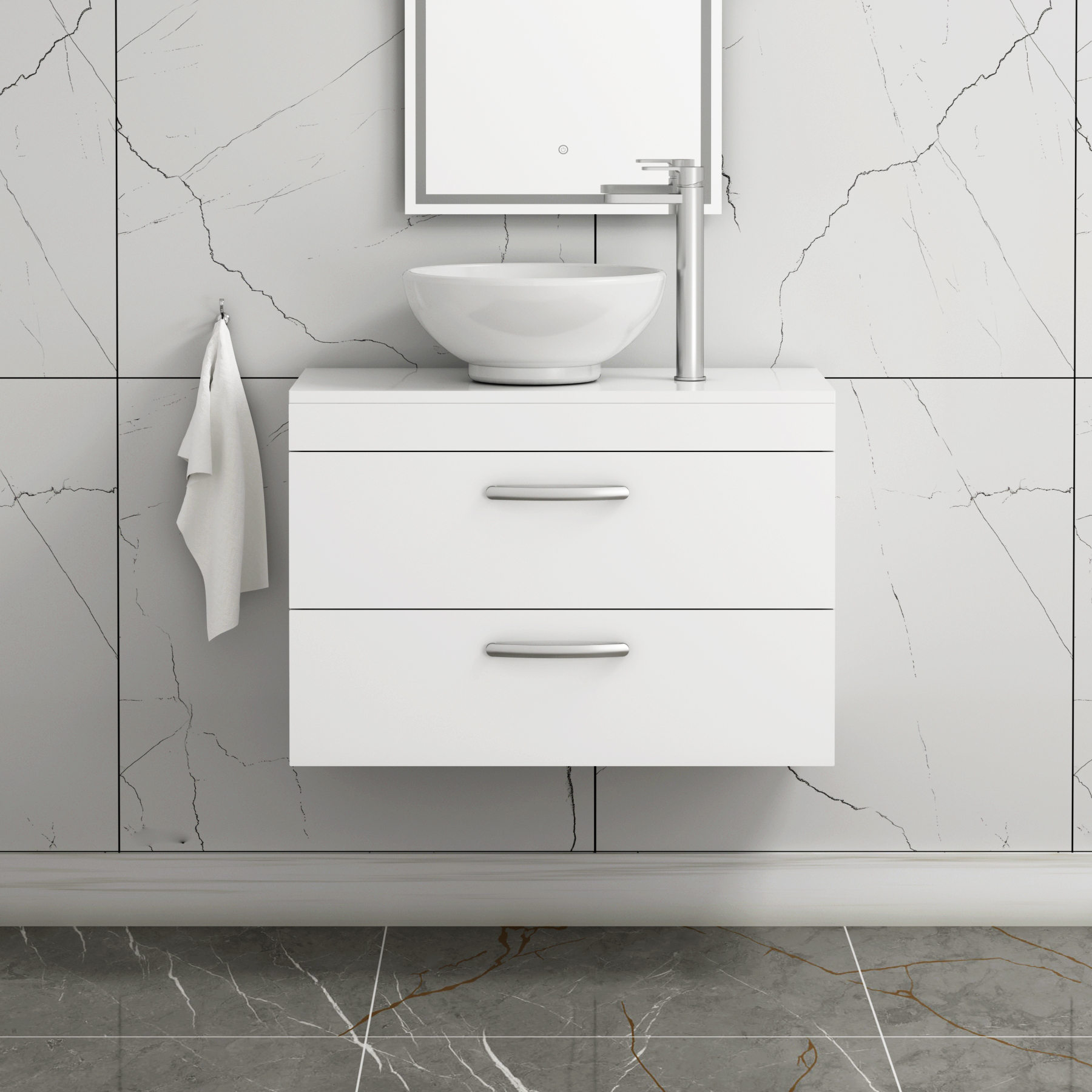 800mm Wall Hung Vanity Unit 2 Drawer Gloss White & Breeze Countertop Basin 