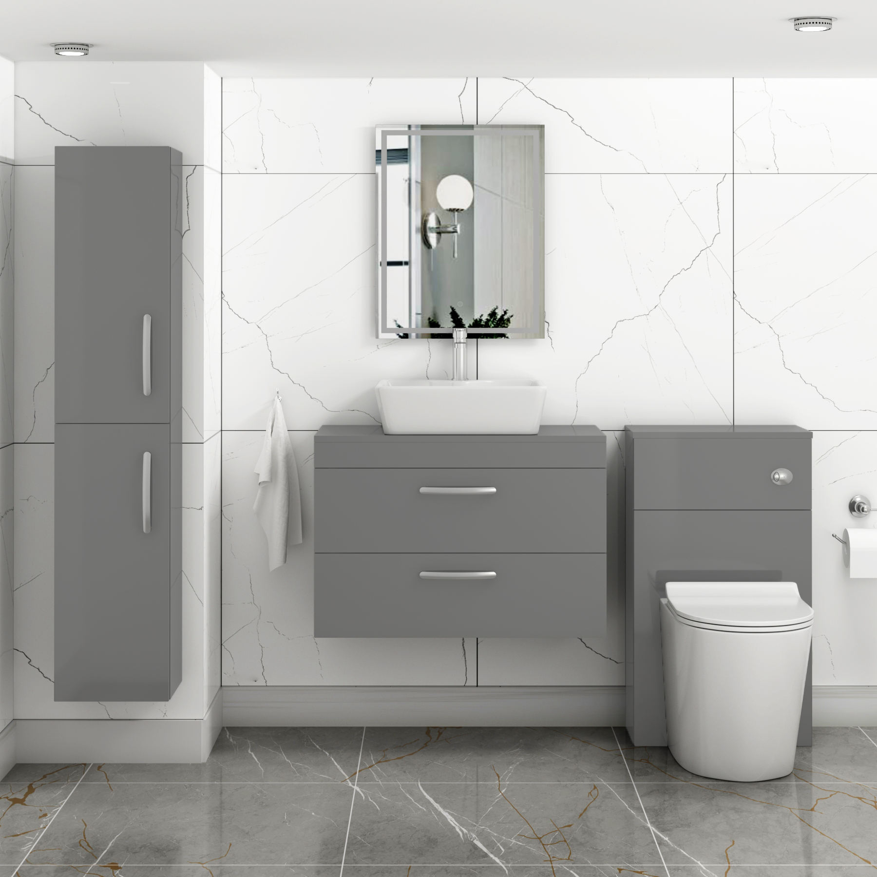 800mm Wall Hung Vanity Unit 2 Drawer Indigo Grey Gloss & Cube Countertop Basin 