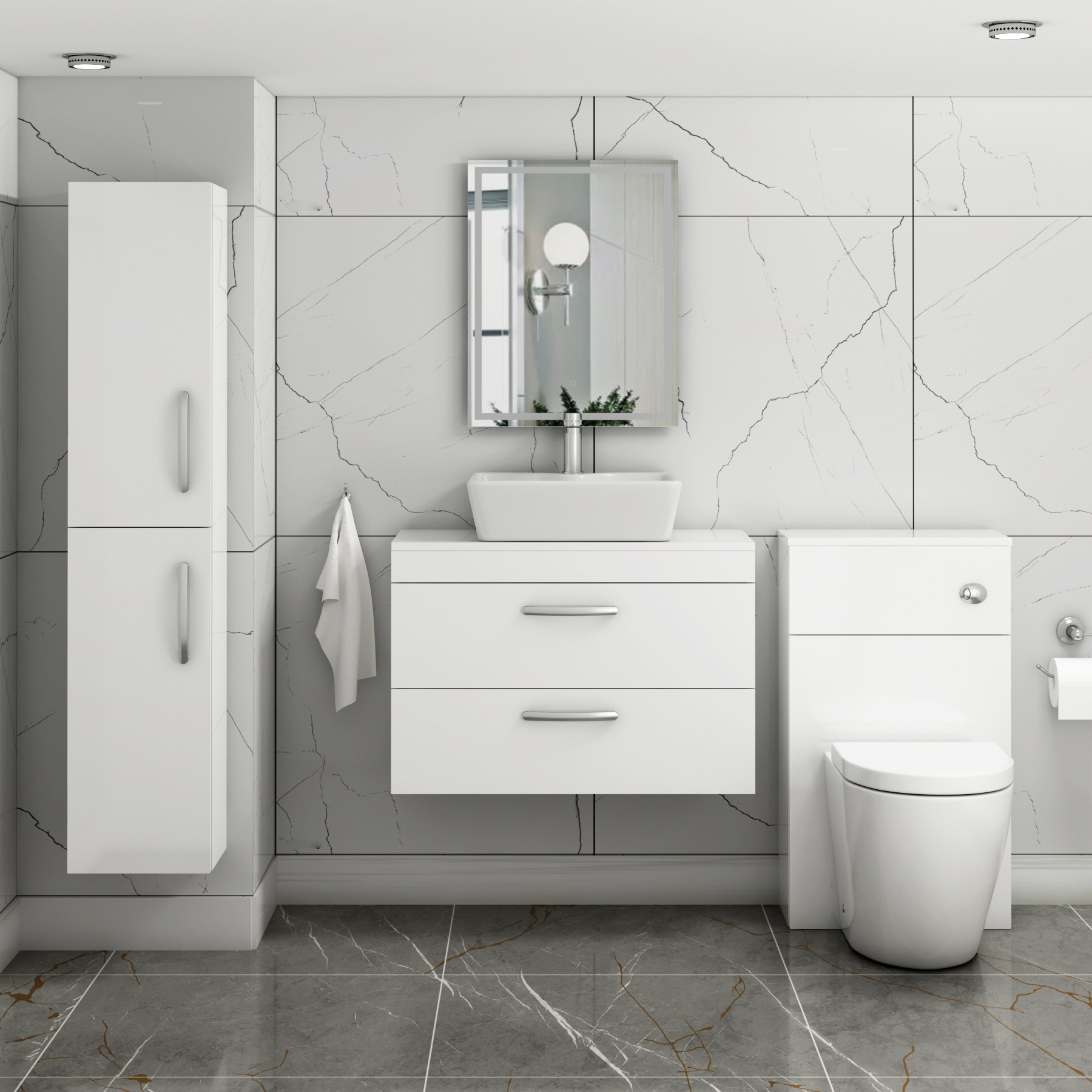 800mm Wall Hung Vanity Unit 2 Drawer Gloss White & Cube Countertop Basin 