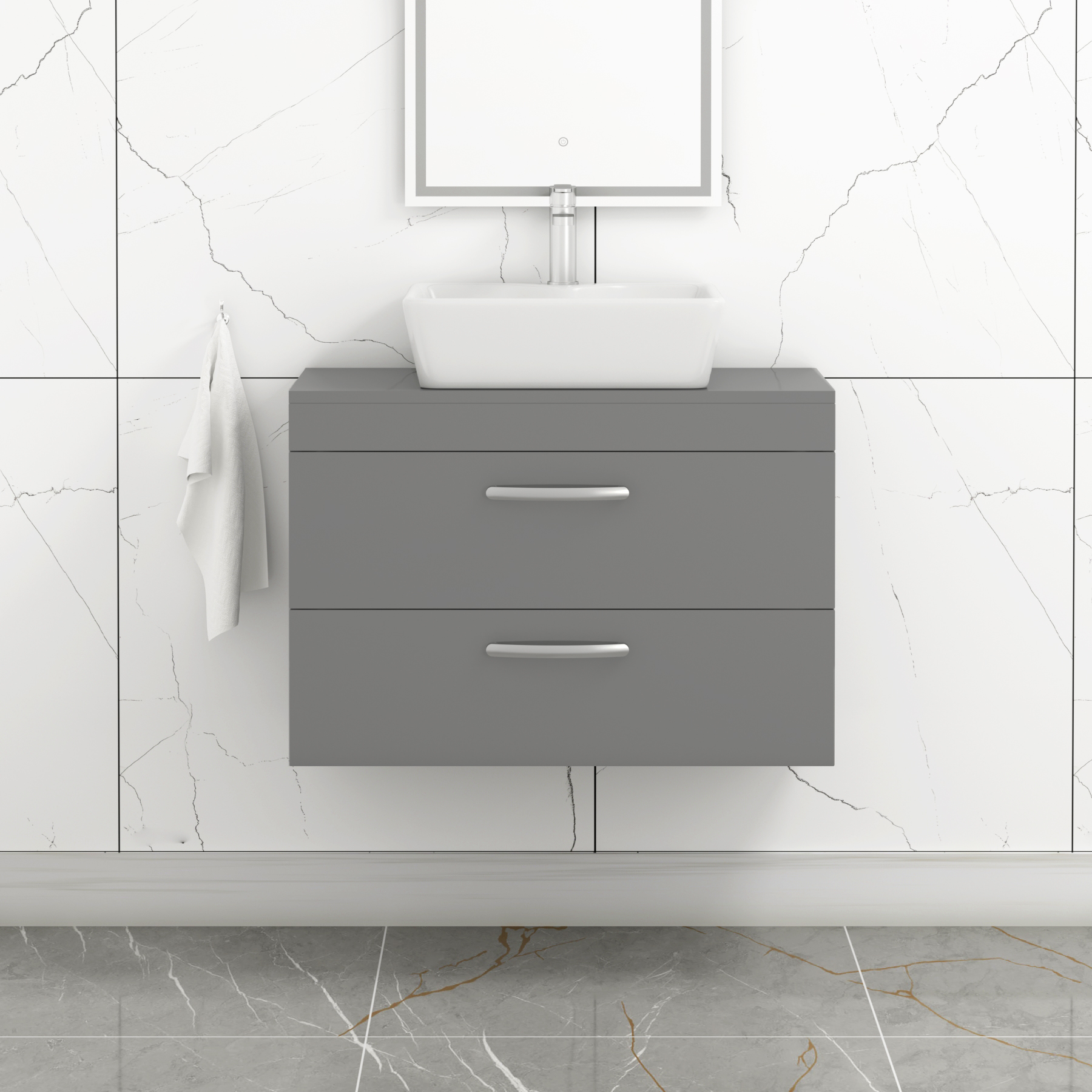 800mm Wall Hung Vanity Unit 2 Drawer Indigo Grey Gloss & Cube Countertop Basin 