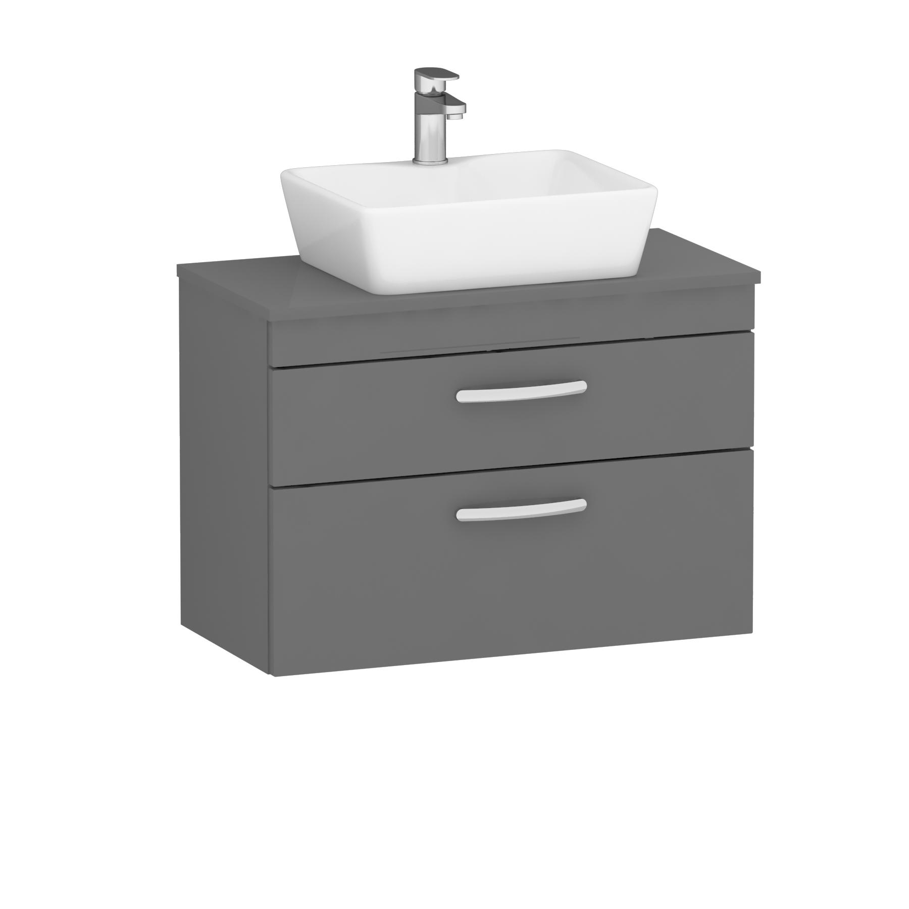 800mm Wall Hung Vanity Unit 2 Drawer Indigo Grey Gloss & Cube Countertop Basin 