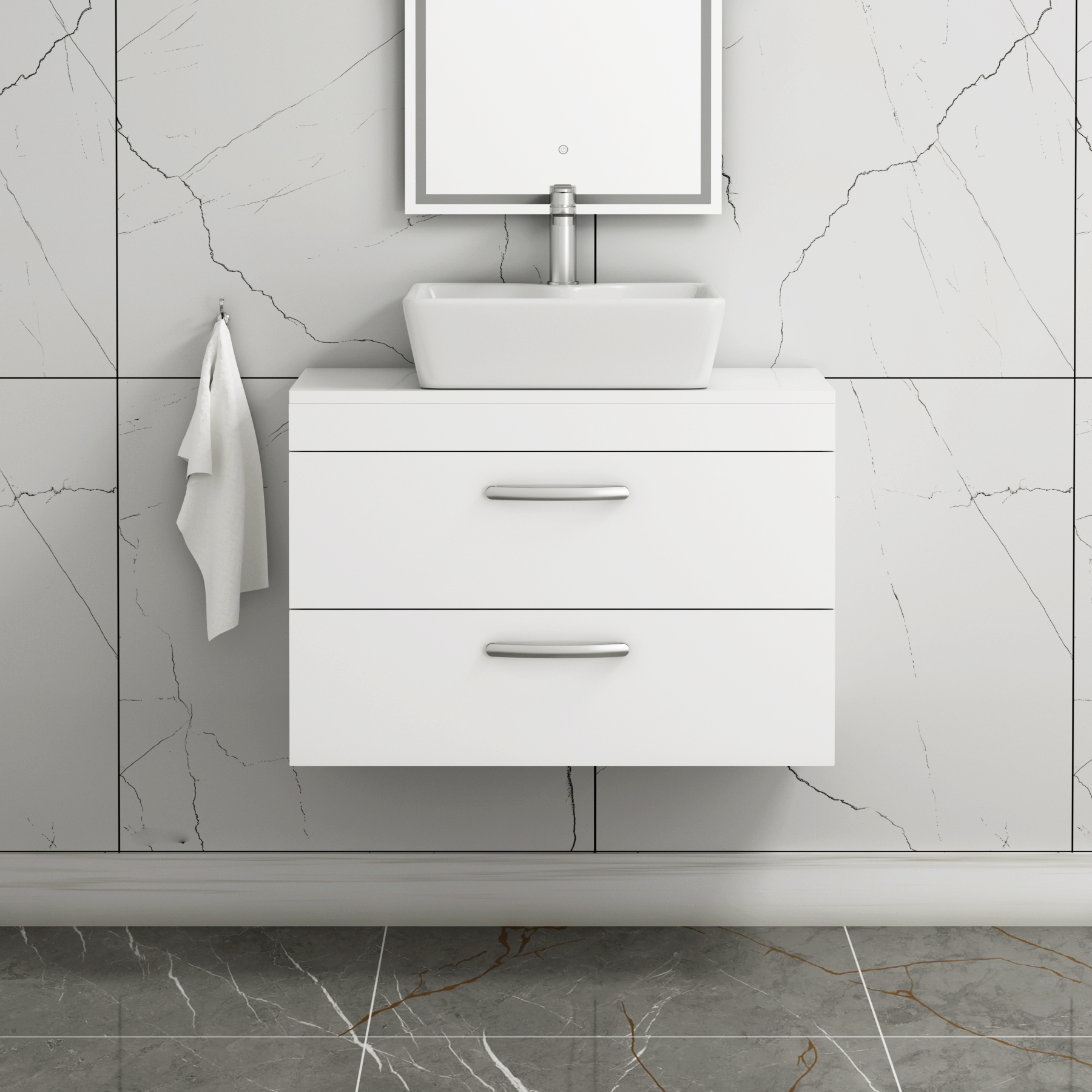 800mm Wall Hung Vanity Unit 2 Drawer Gloss White & Cube Countertop Basin 