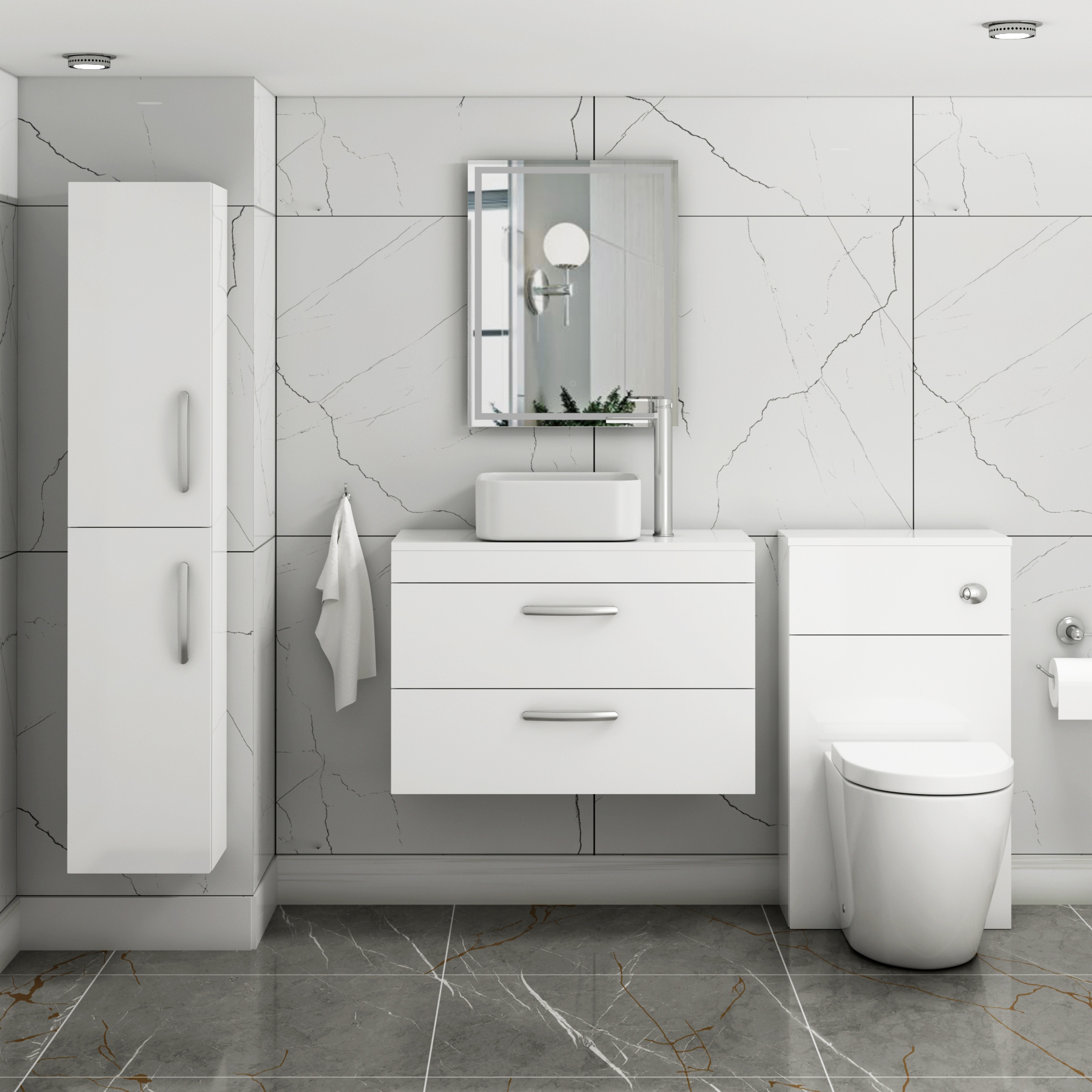800mm Wall Hung Vanity Unit 2 Drawer Gloss White & Elena Countertop Basin 