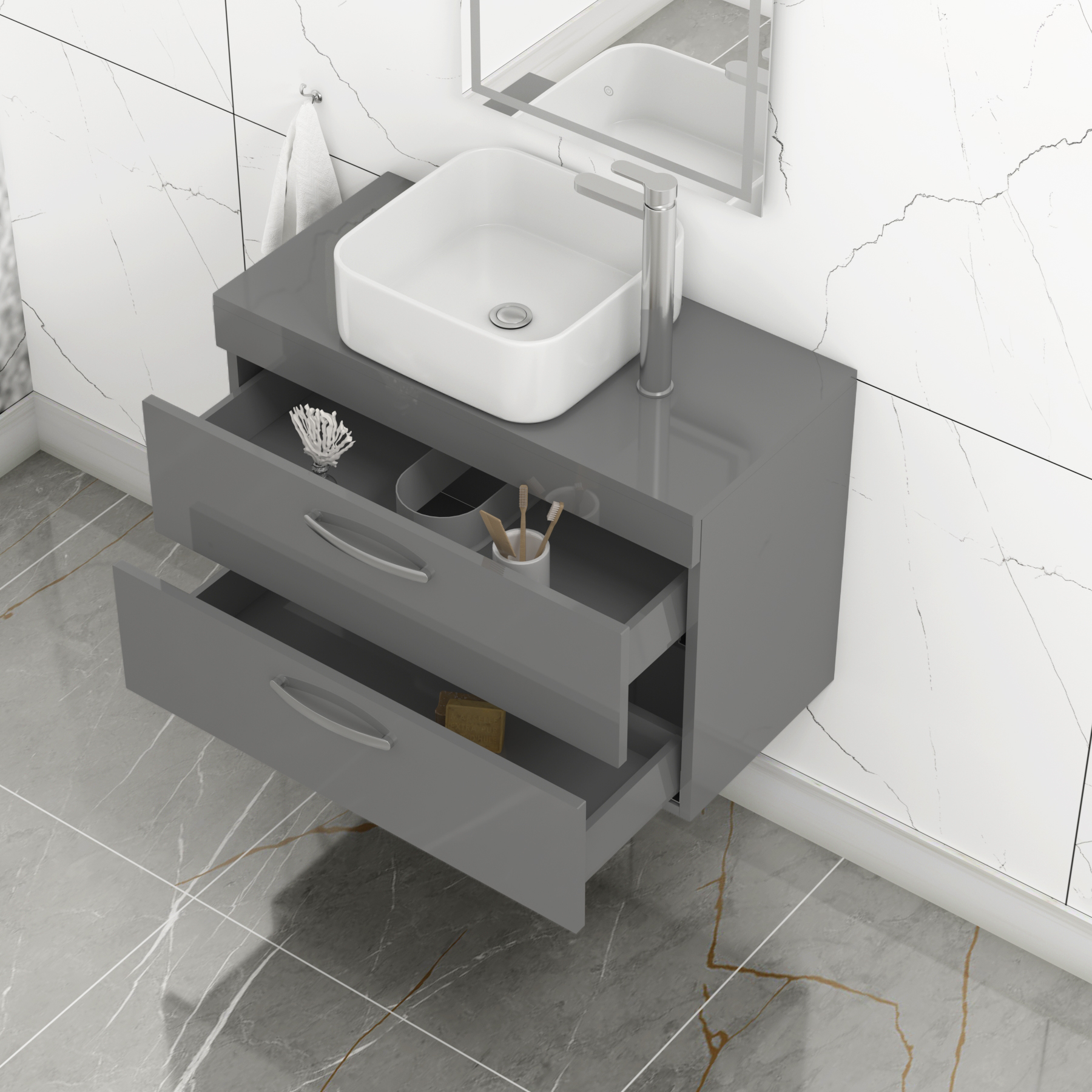 800mm Wall Hung Vanity Unit 2 Drawer Indigo Grey Gloss & Elena Countertop Basin 