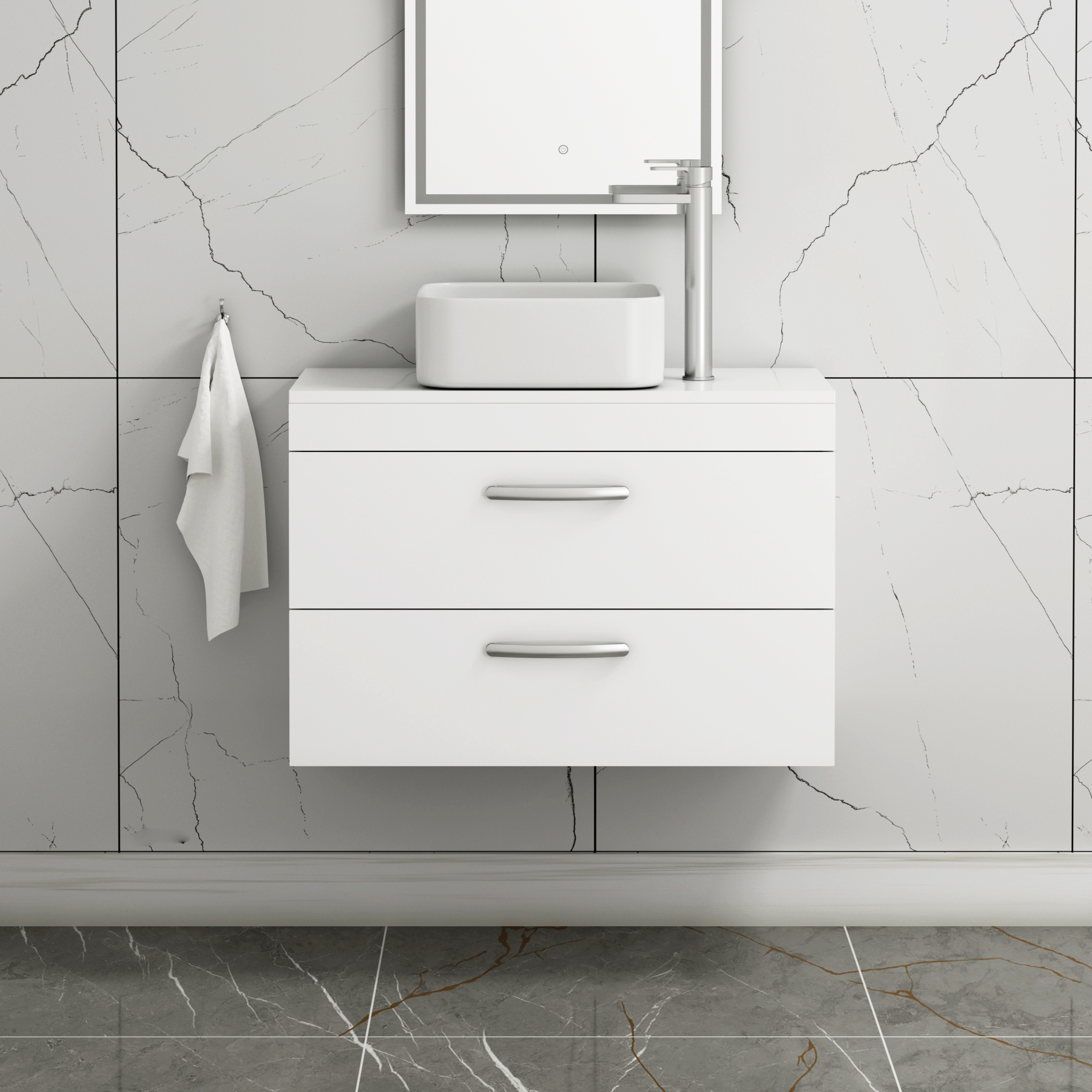 800mm Wall Hung Vanity Unit 2 Drawer Gloss White & Elena Countertop Basin 