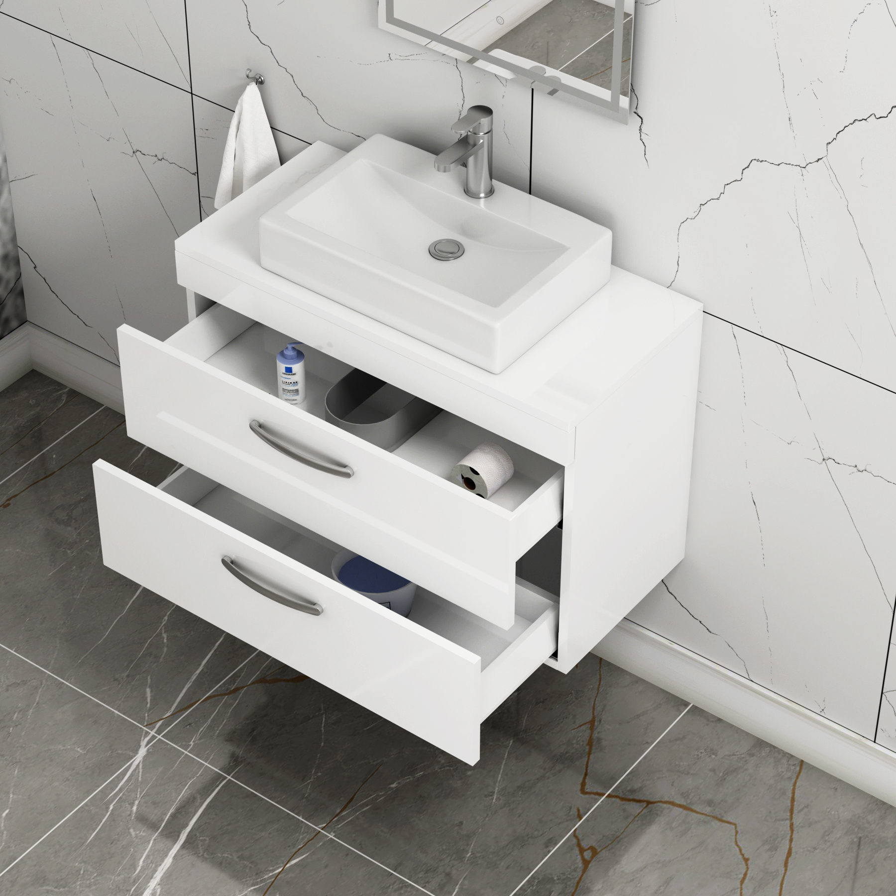 Turin 800mm Wall Hung Vanity Unit 2 Drawers Gloss White & Various Countertop Basins