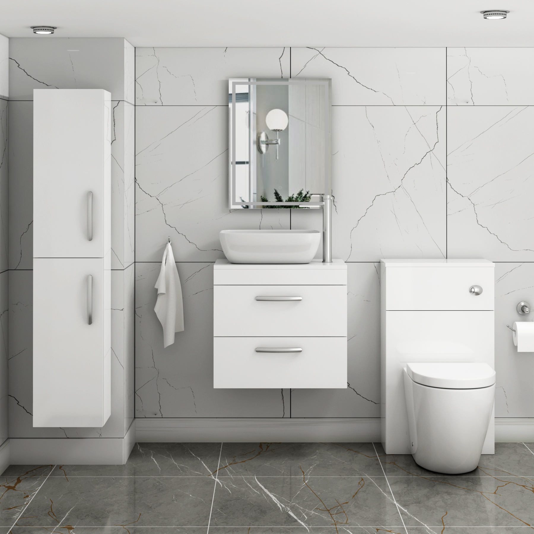 500/600/800mm Wall Hung Vanity Unit 2-Drawer Gloss White & Elva Countertop Basin - Various Sizes