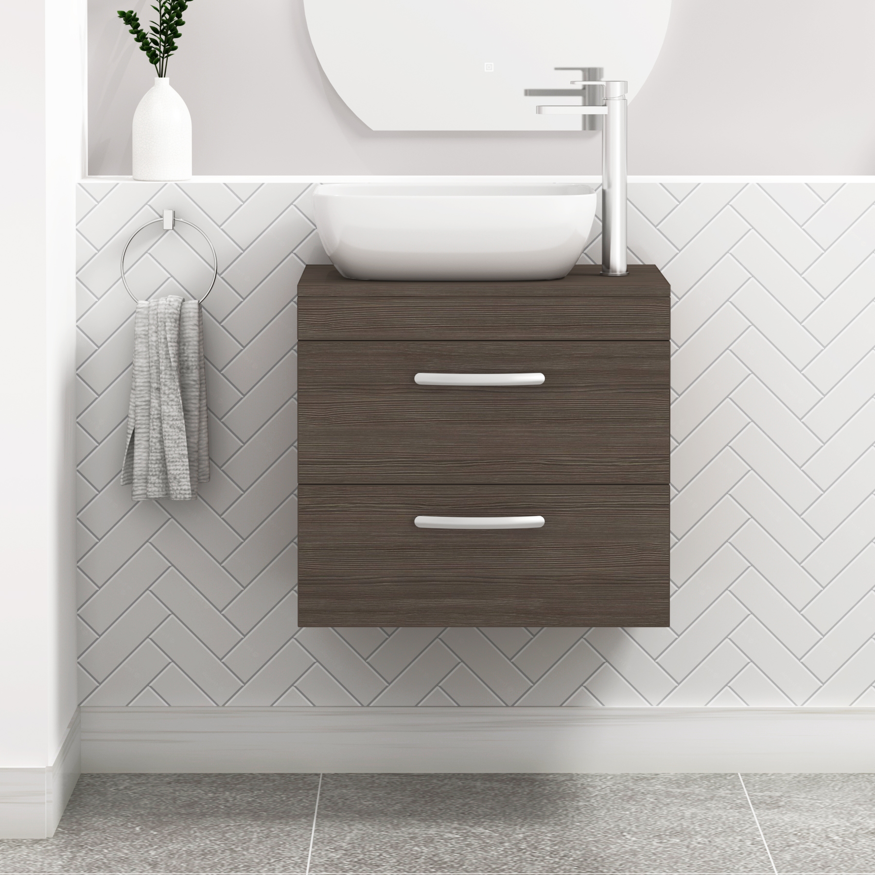 500/600/800mm Wall Hung Vanity Unit 2-Drawer Grey Elm & Elva Countertop Basin - Various Sizes