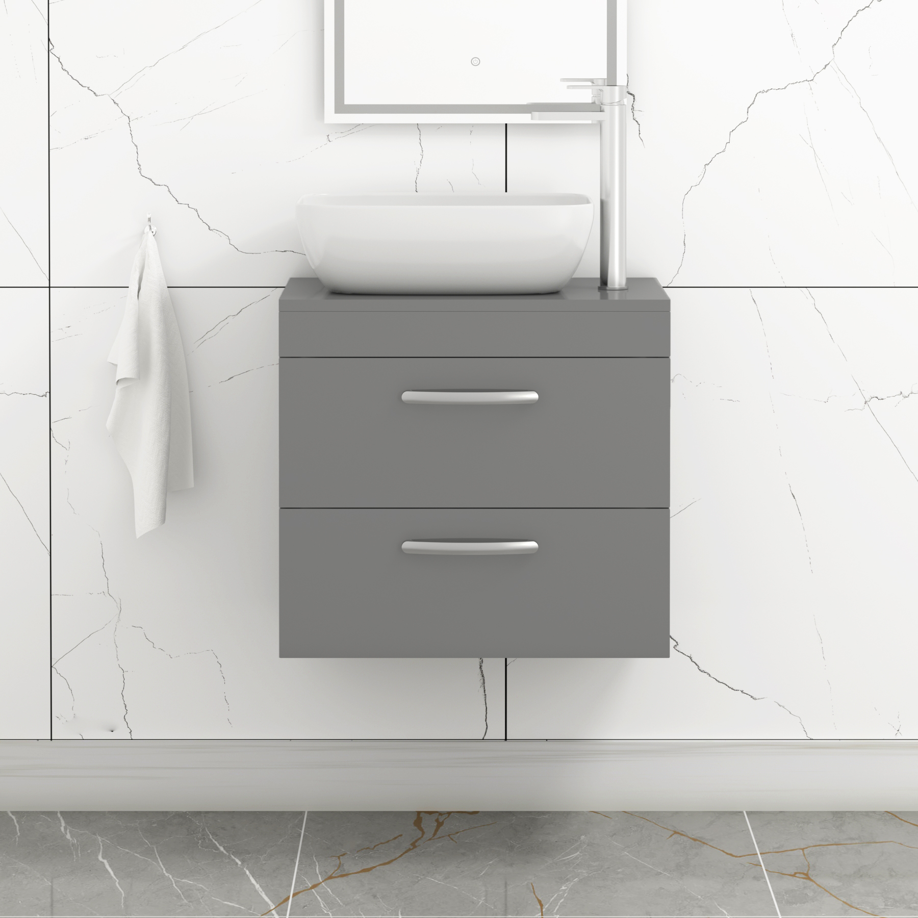 500/600/800mm Wall Hung Vanity Unit 2-Drawer Indigo Grey Gloss & Elva Countertop Basin - Various Sizes