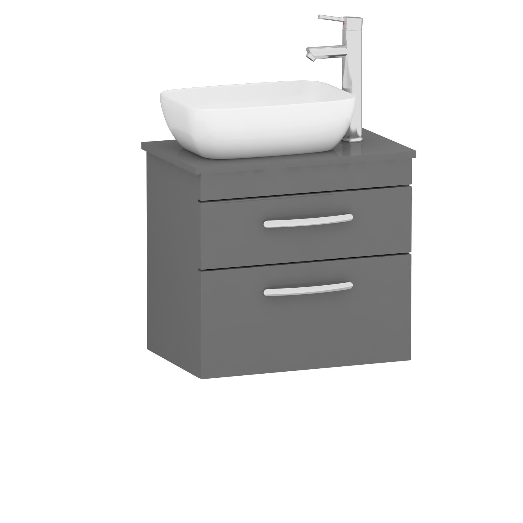 600mm Wall Hung Vanity Unit 2 Drawer Indigo Grey Gloss & Elva Countertop Basin 