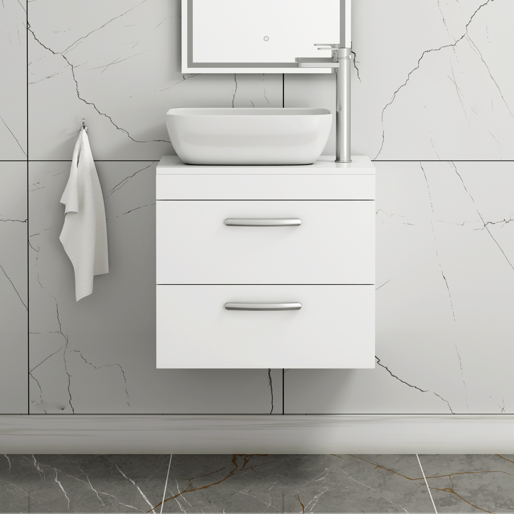 500/600/800mm Wall Hung Vanity Unit 2-Drawer Gloss White & Elva Countertop Basin - Various Sizes