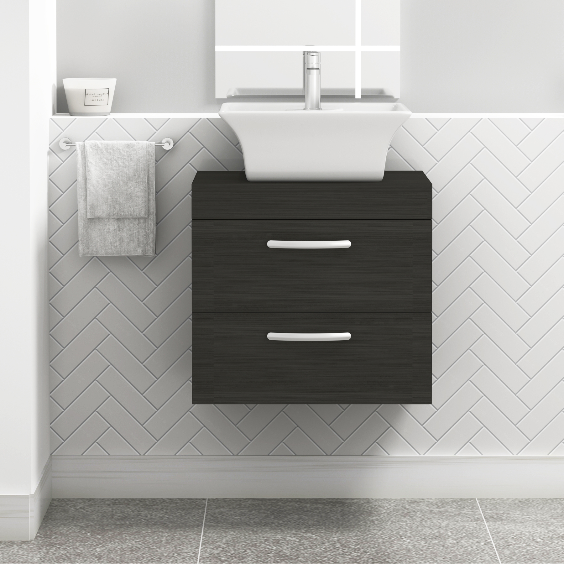 Turin 600mm Wall Hung Vanity Unit 2 Drawer Matt Black & Various Countertop Basins