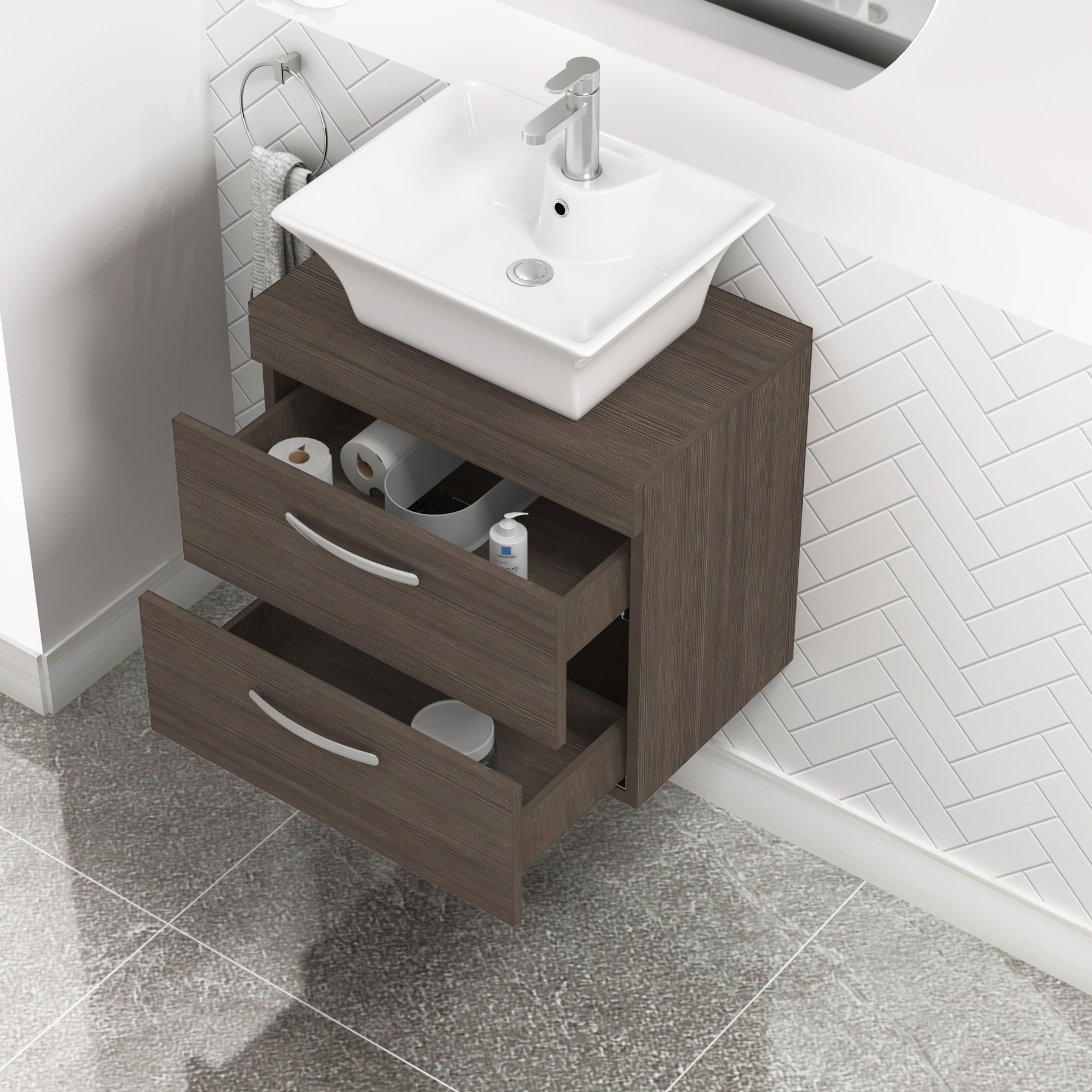 600mm Wall Hung Vanity Unit 2 Drawer Grey Elm & Breeze Countertop Basin 
