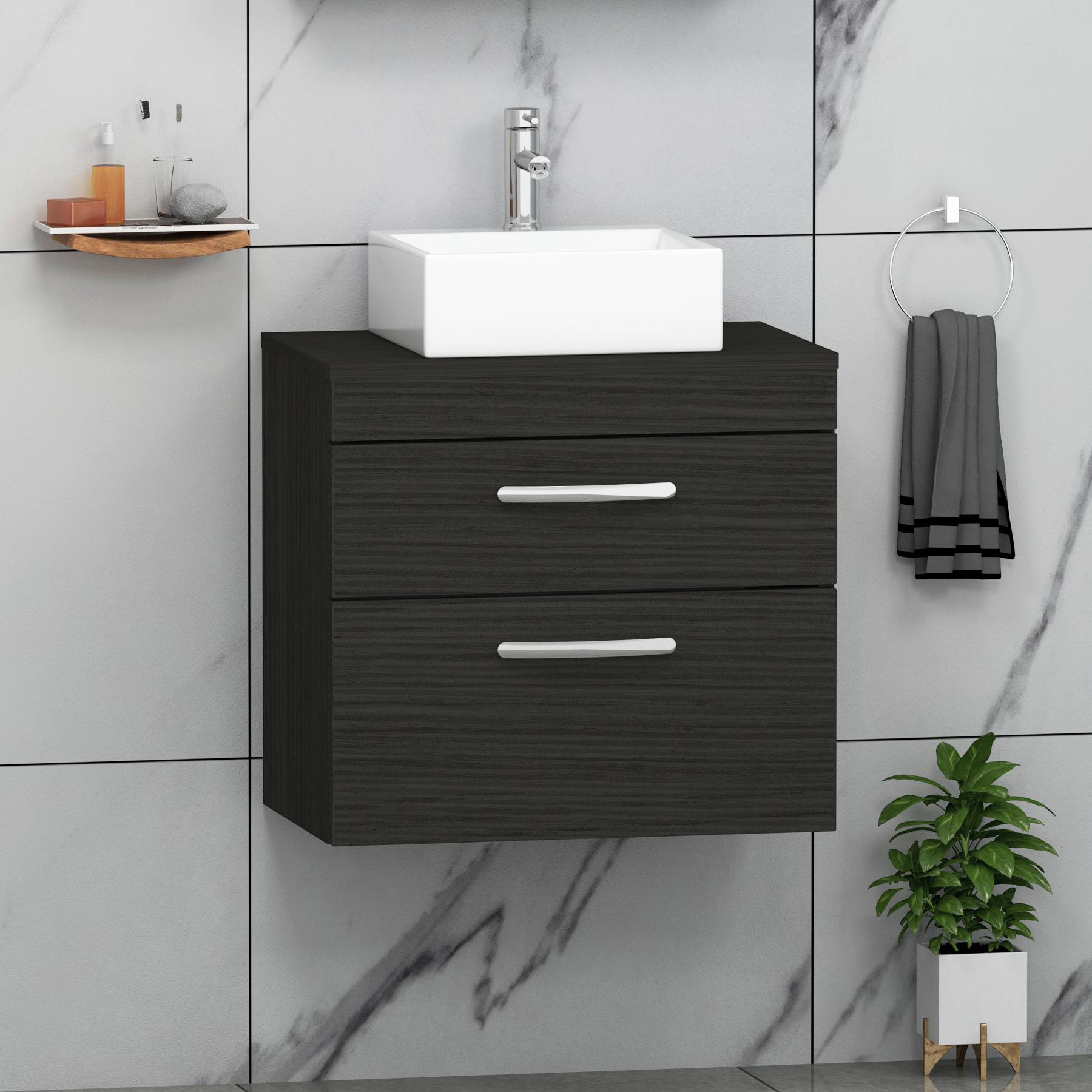 Turin 600mm Wall Hung Vanity Unit 2 Drawer Matt Black & Various Countertop Basins