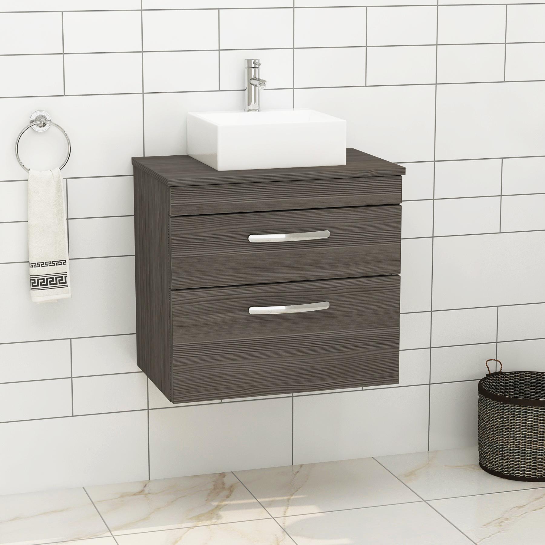 Turin 600mm Wall Hung Vanity Unit 2 Drawers Grey Elm & Various Countertop Basins