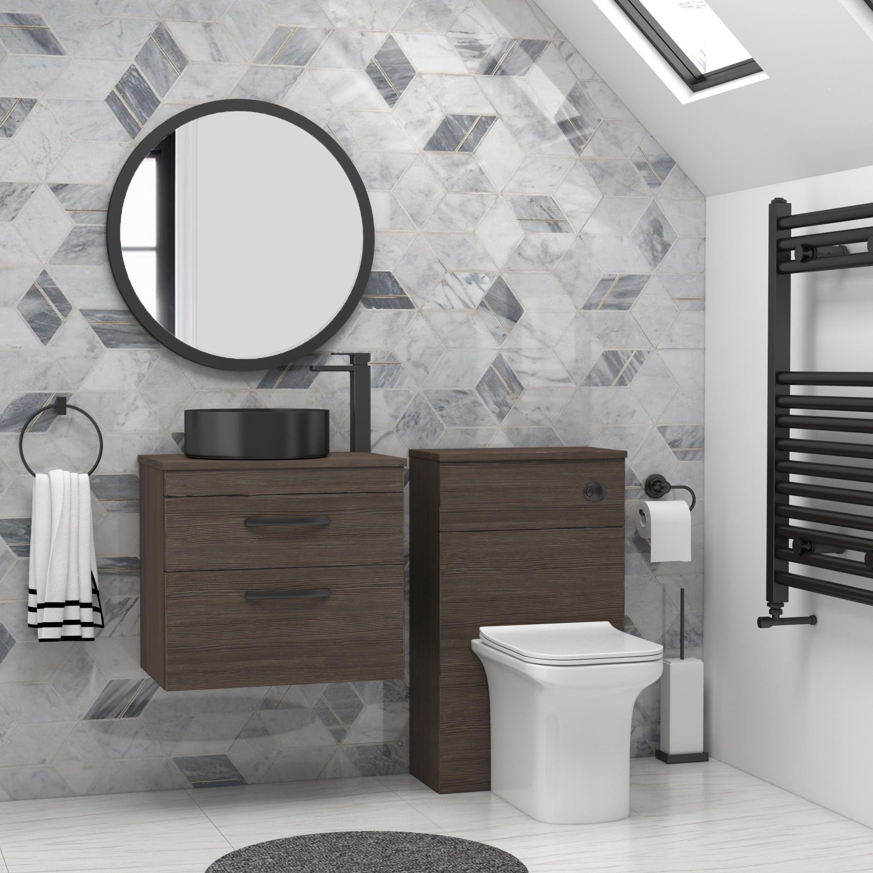 600mm Wall Hung Vanity Unit 2 Drawer Grey Elm & Art Round Countertop Basin 