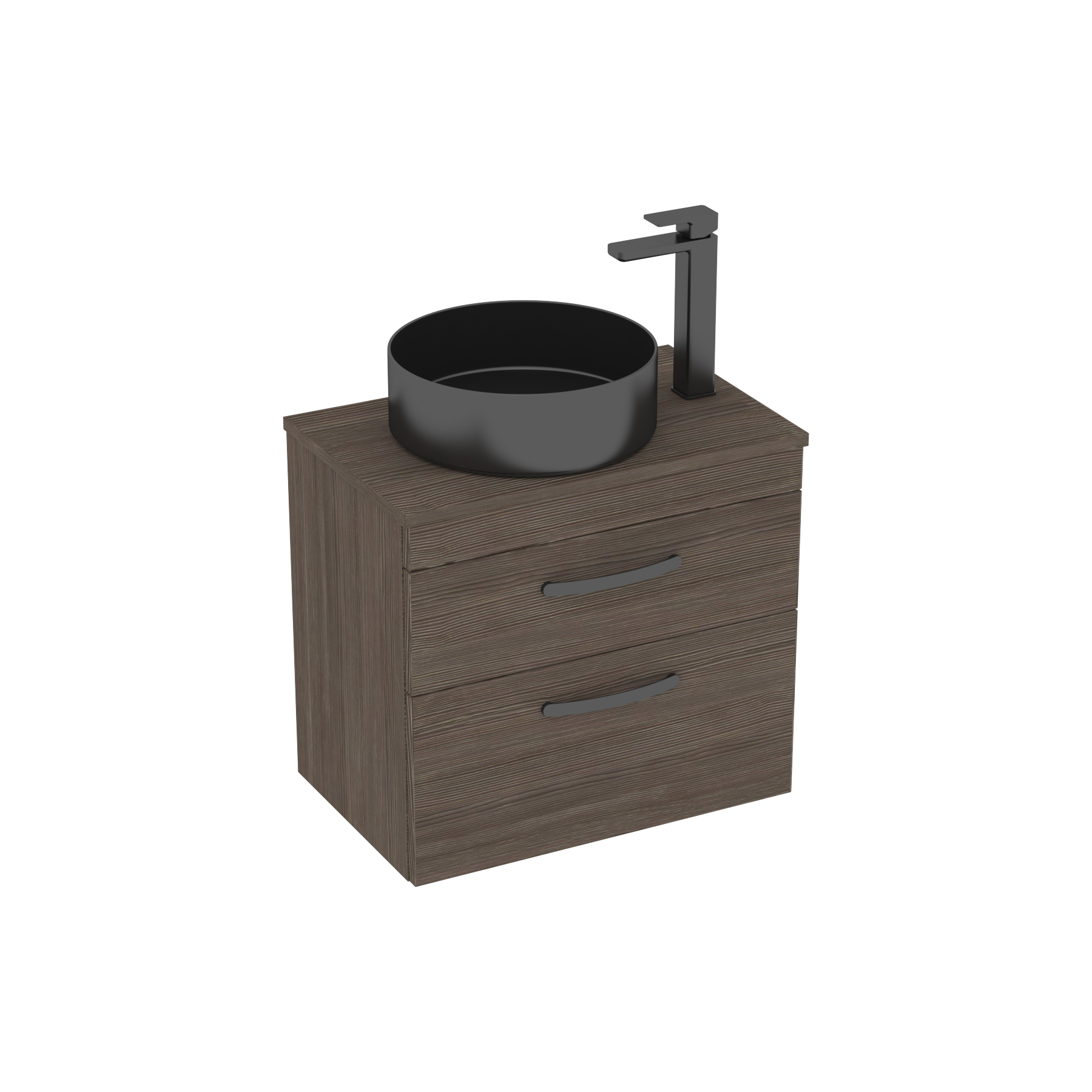 600mm Wall Hung Vanity Unit 2 Drawer Grey Elm & Art Round Countertop Basin 