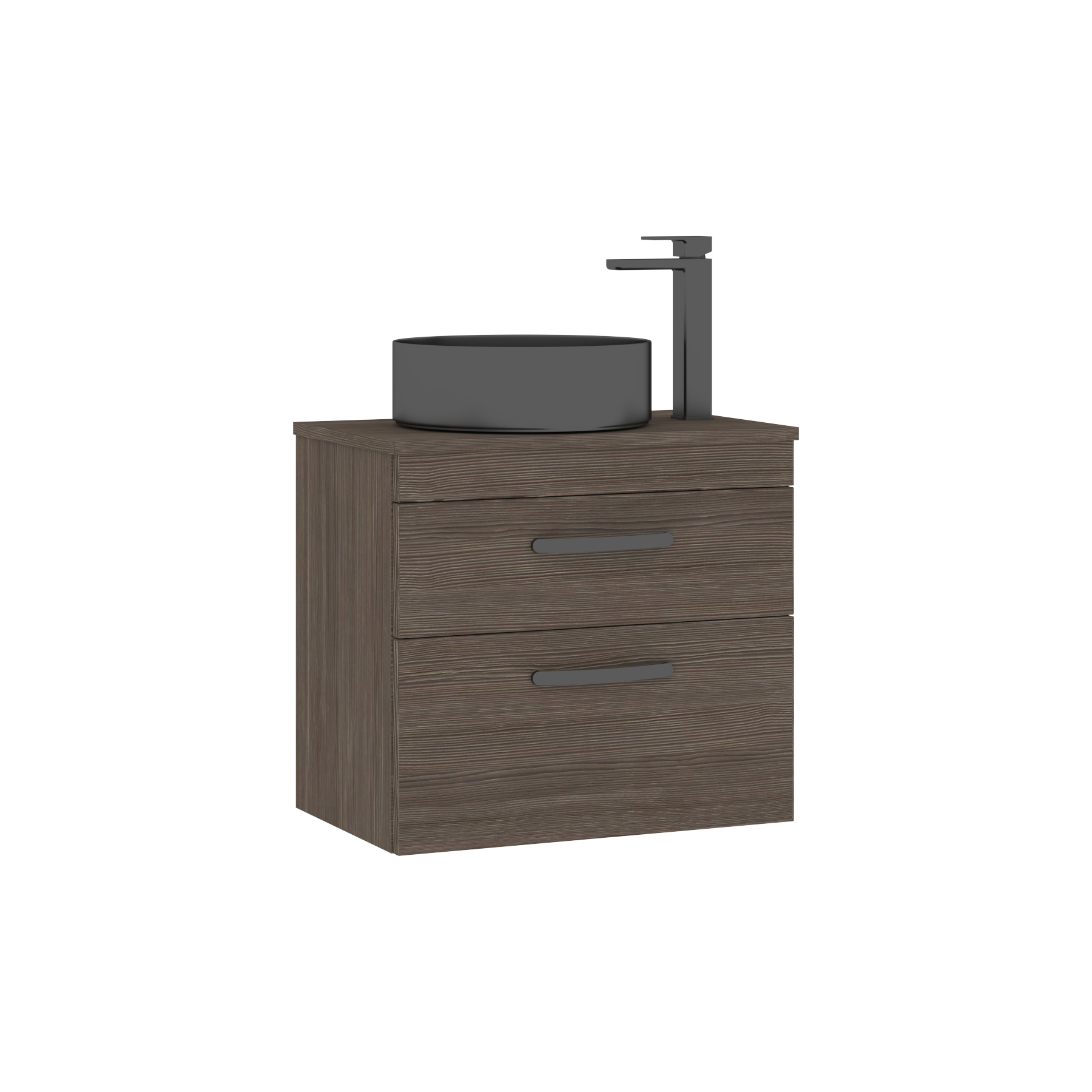 600mm Wall Hung Vanity Unit 2 Drawer Grey Elm & Art Round Countertop Basin 