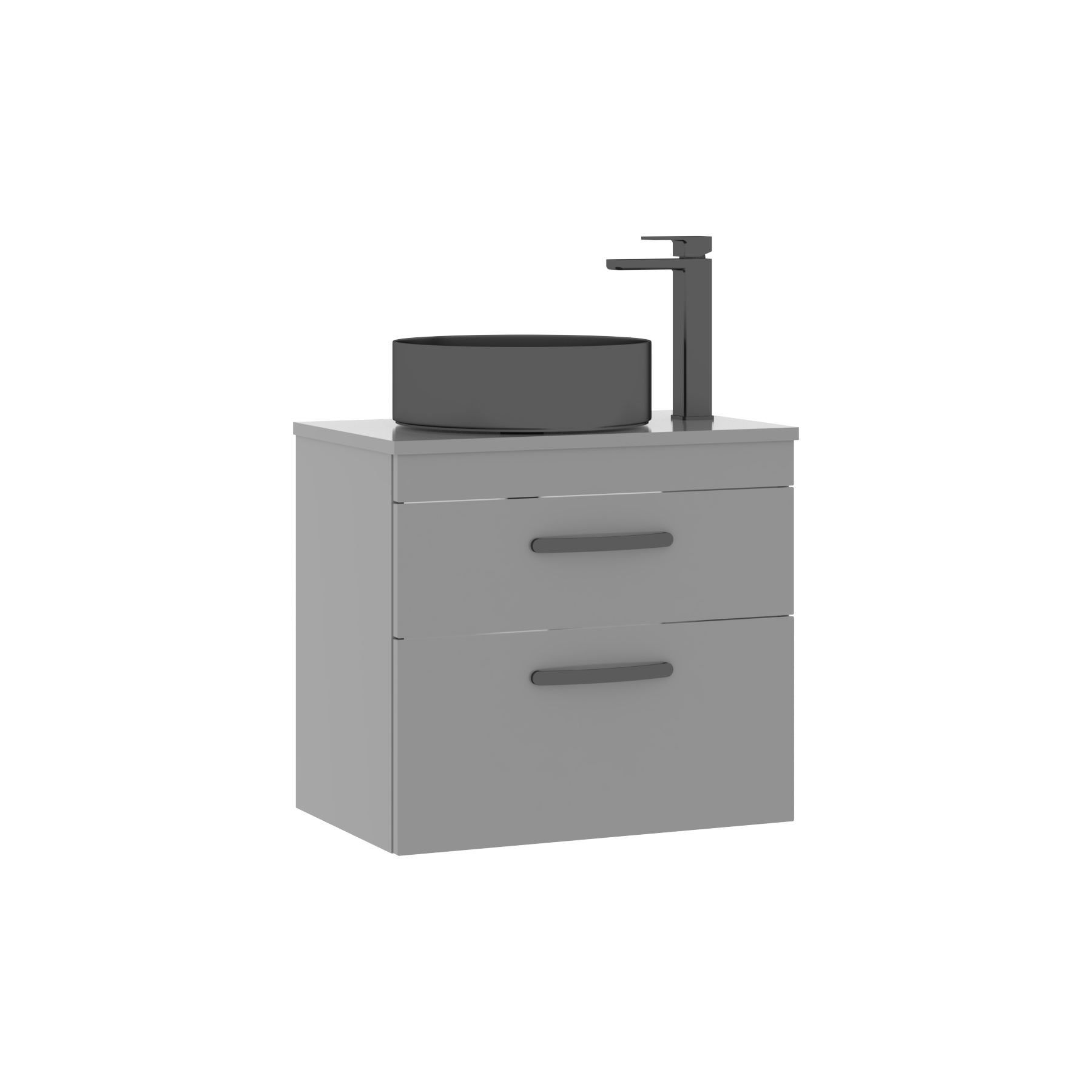600mm Wall Hung Vanity Unit 2 Drawer Indigo Grey Gloss & Art Round Countertop Basin 