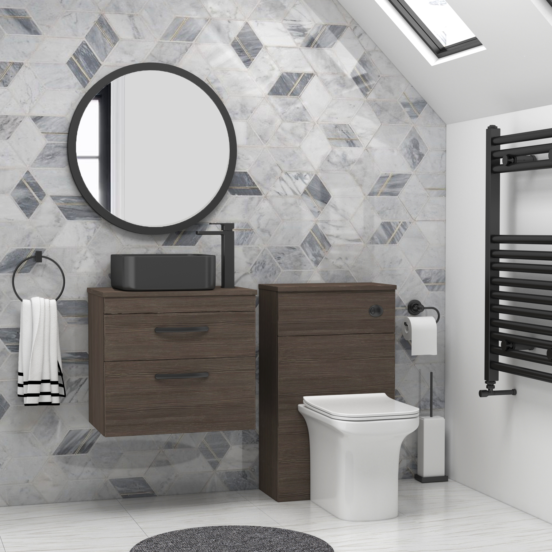 600mm Wall Hung Vanity Unit 2 Drawer Grey Elm & Art Square Countertop Basin 