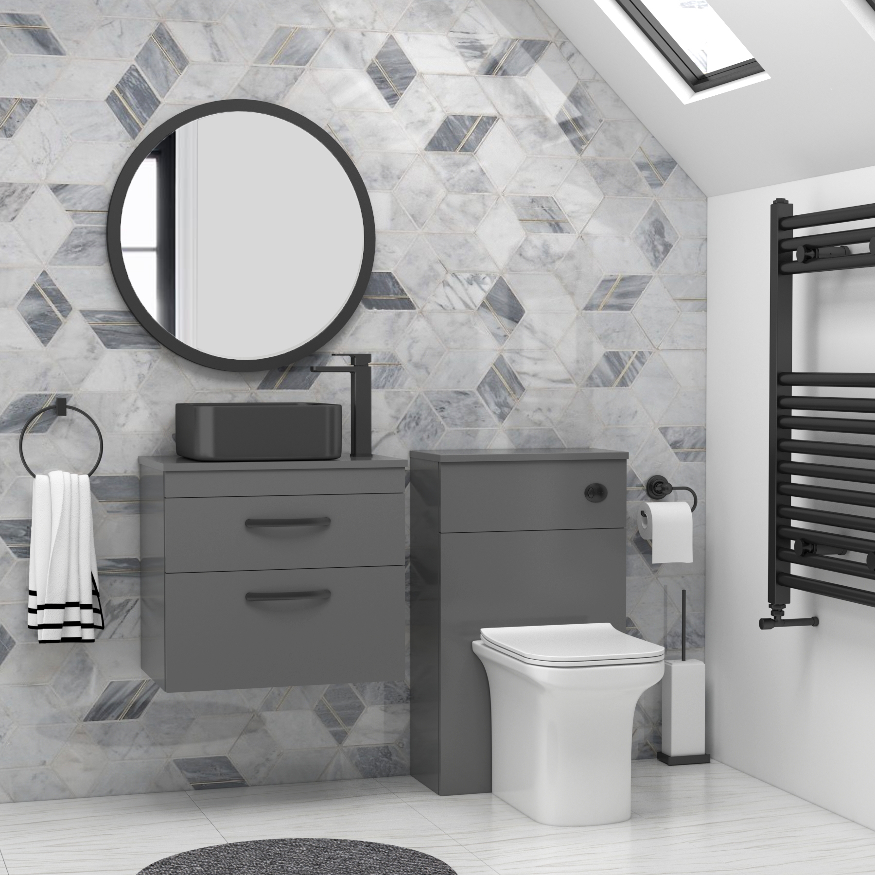 600mm Wall Hung Vanity Unit 2 Drawer Indigo Grey Gloss & optional Countertop Basin 
