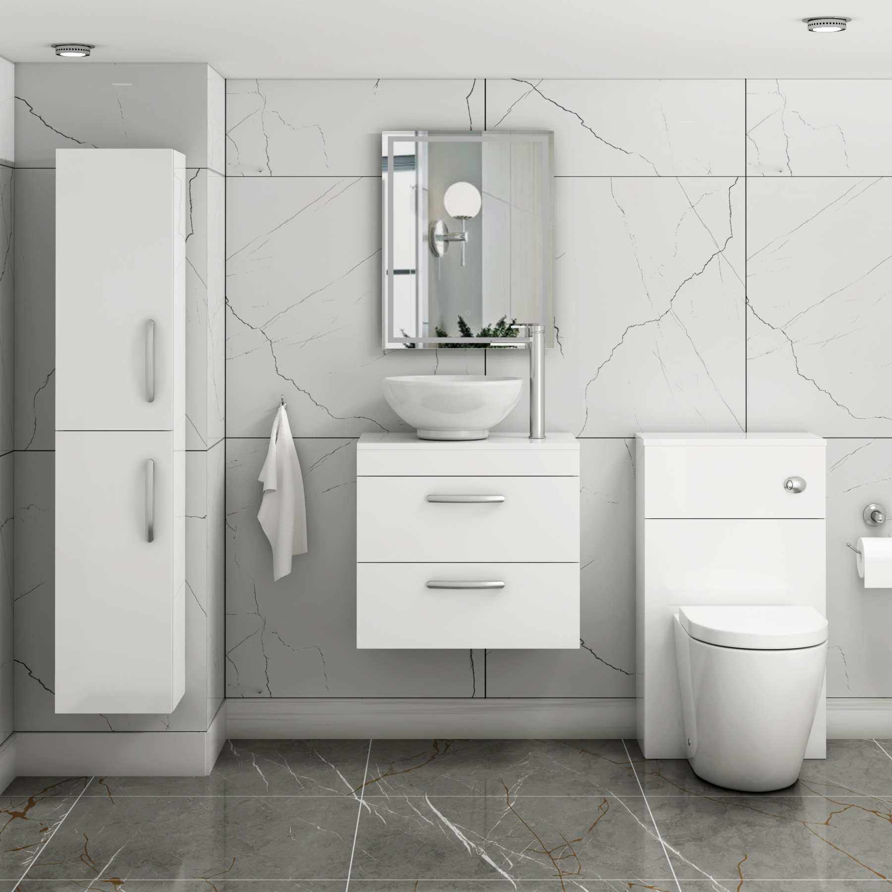 500/600/800mm Wall Hung Vanity Unit 2-Drawer Gloss White & Breeze Countertop Basin - Various Sizes