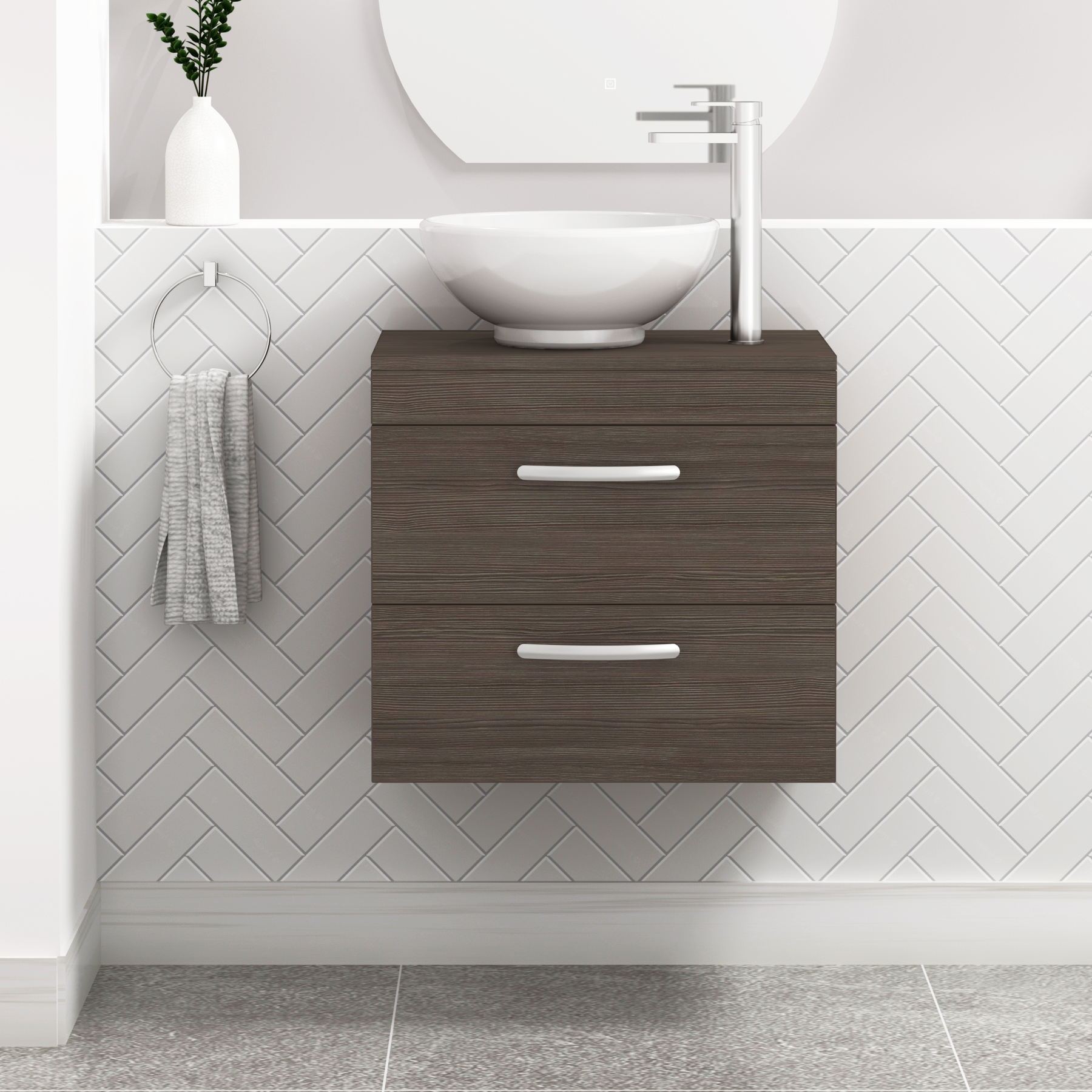 500/600/800mm Wall Hung Vanity Unit 2-Drawer Grey Elm & Breeze Countertop Basin - Various Sizes